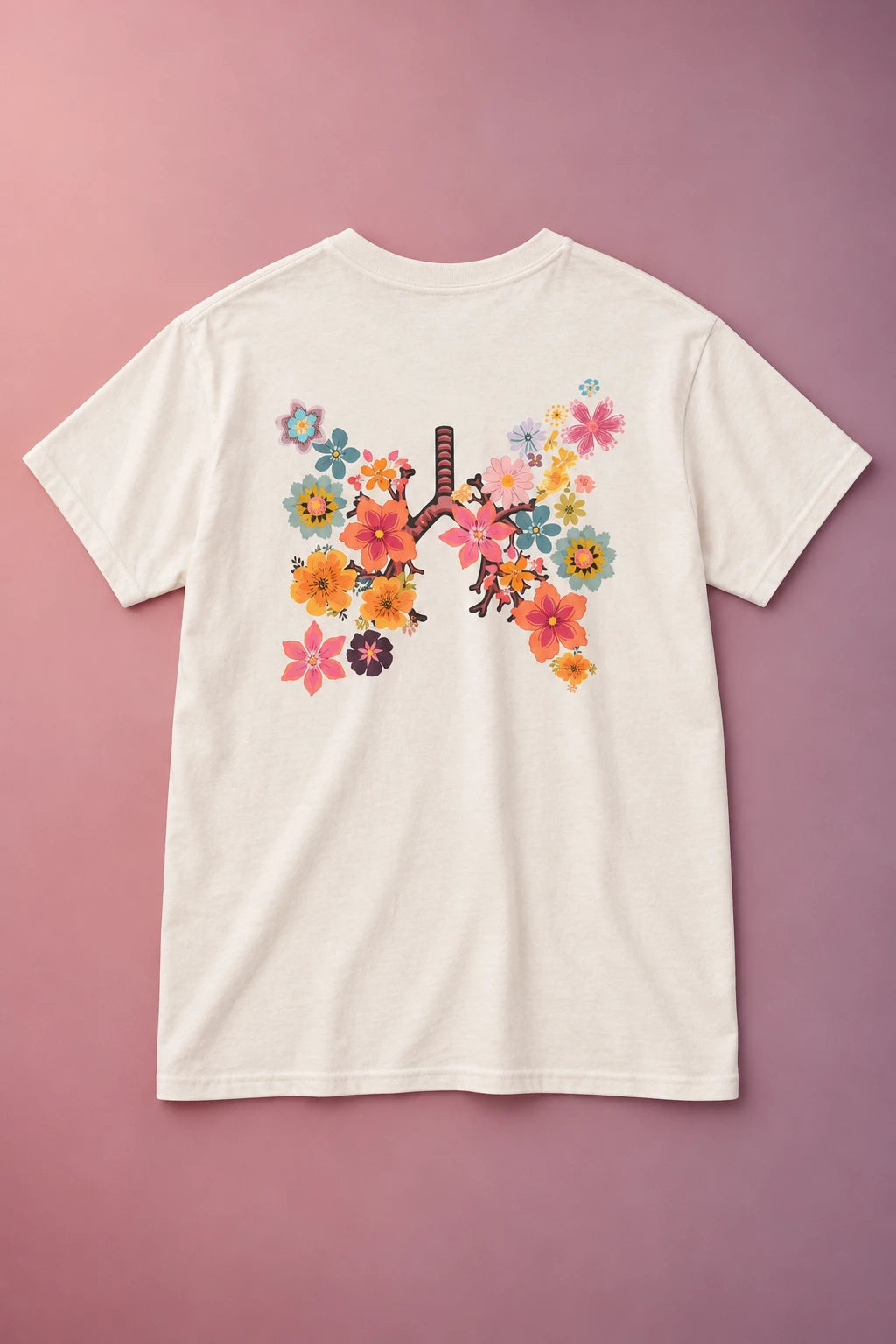 Ivory Breath T-shirt laid back-side up on a dusty rose gradient, displaying the floral lungs graphic.