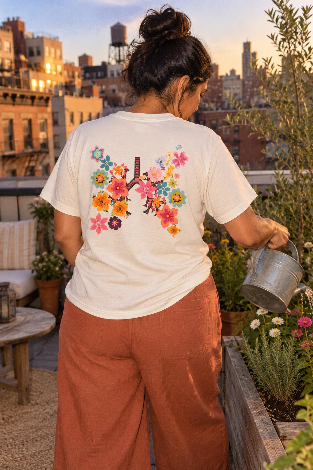 Woman watering rooftop plants in an ivory Breath T-shirt, showing the colorful floral lungs back print.