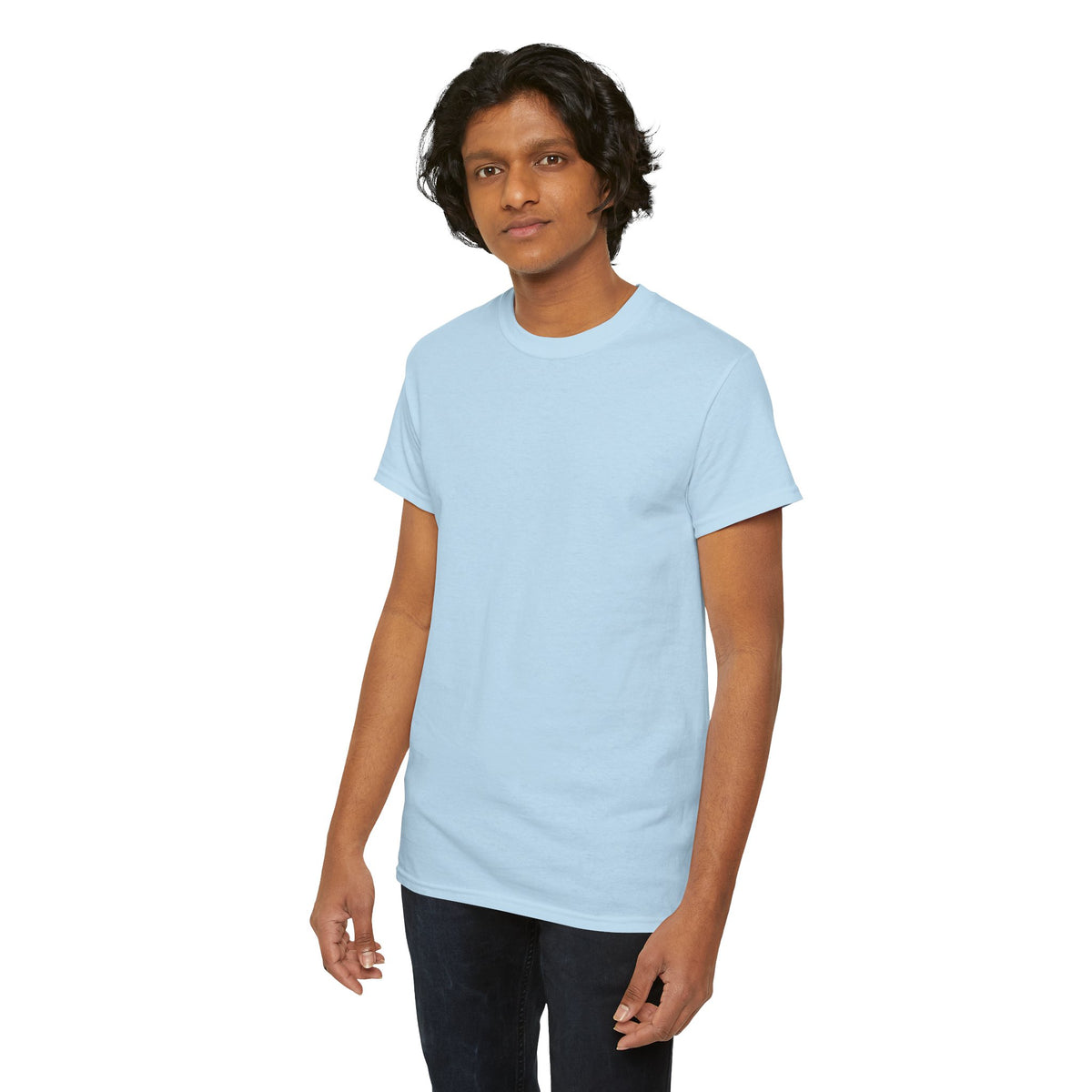 Model wearing the light blue Breath T-shirt, showing its plain front, crewneck, and short sleeves.