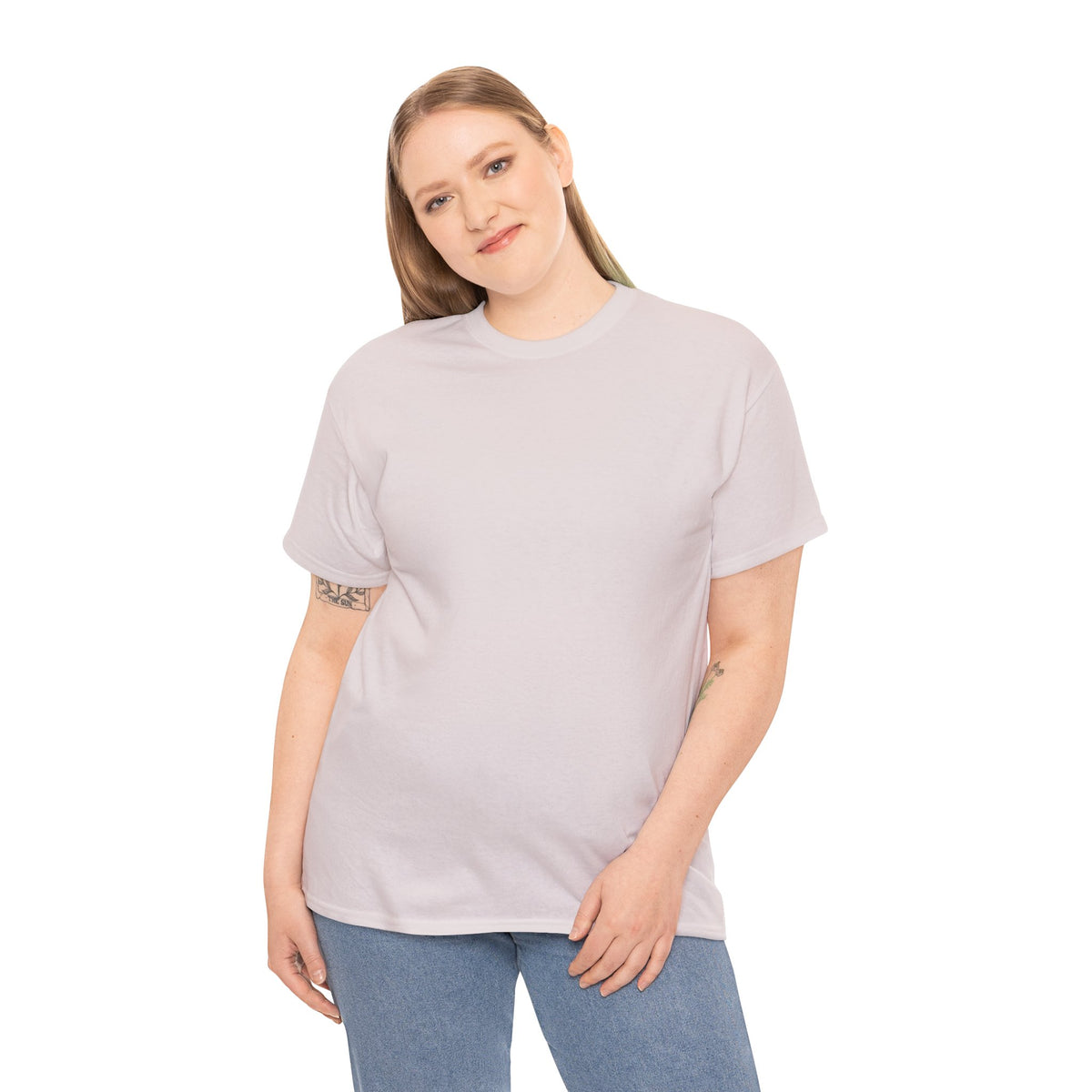 Female model wearing the pale gray Breath T-shirt with jeans, showing its plain front.