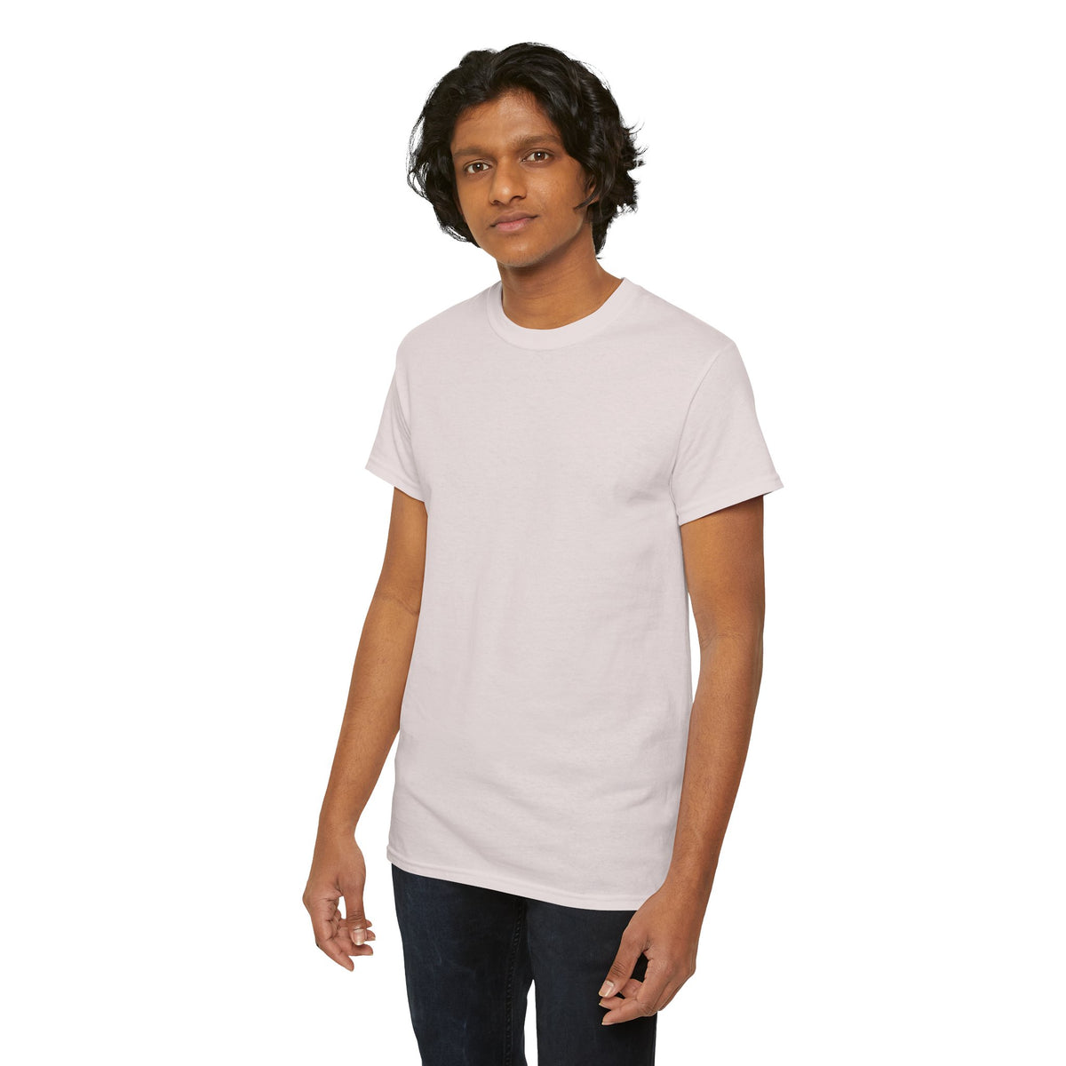 Male model wearing the pale gray Breath T-shirt, showing its plain front and crewneck.