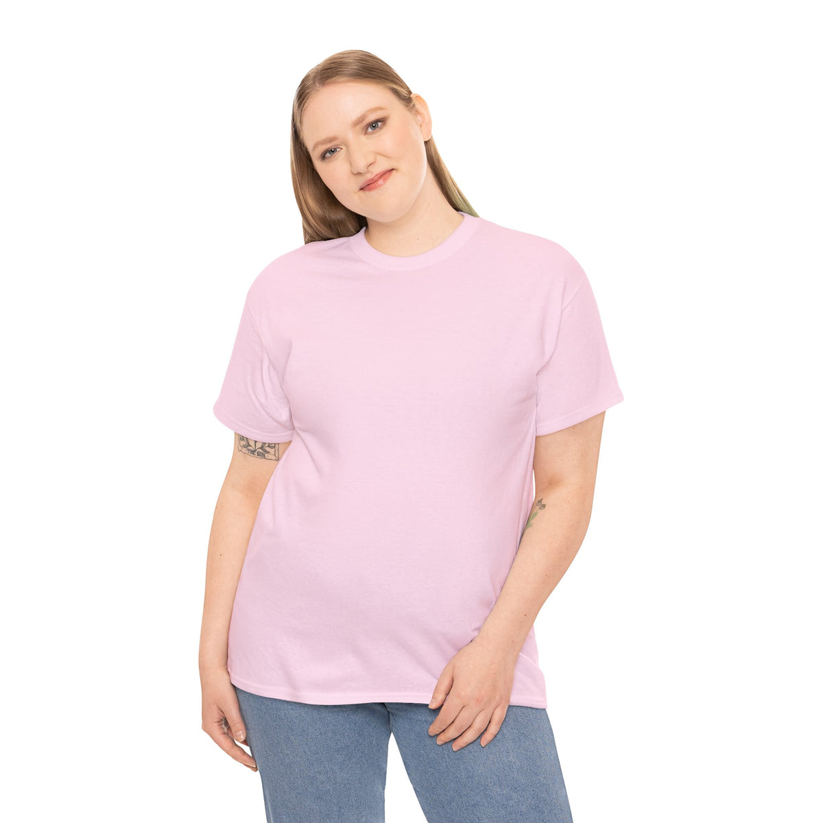 Model wearing the pink Breath T-shirt with jeans, showing the plain front.