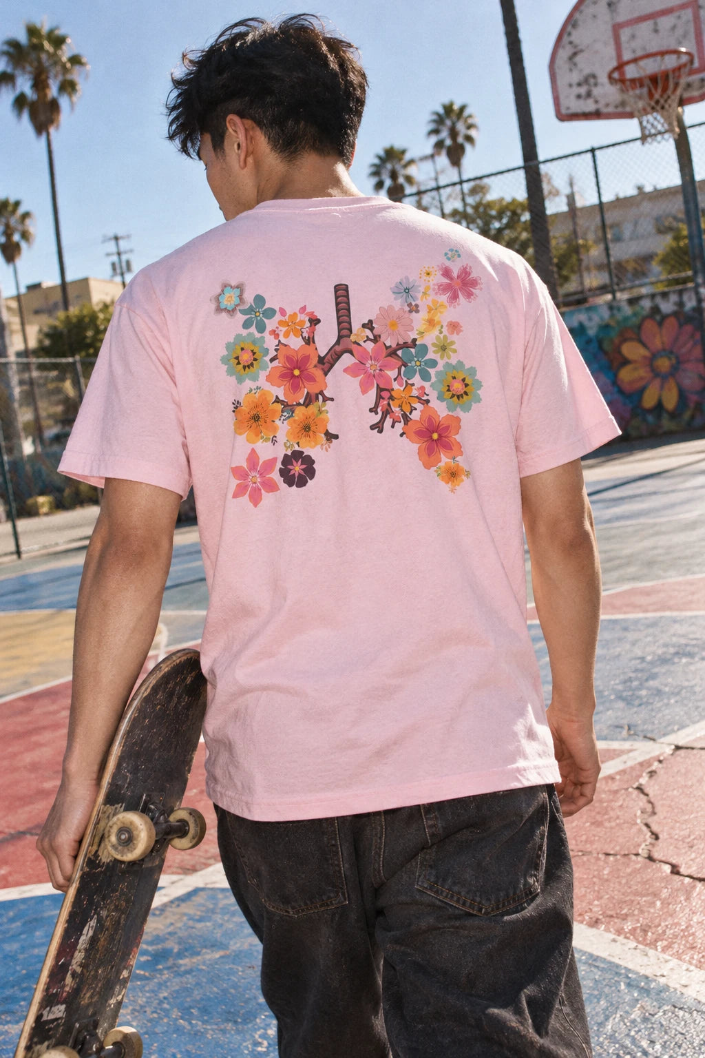 Man holding a skateboard on an outdoor court, wearing the pink Breath T-shirt with floral lungs back print.