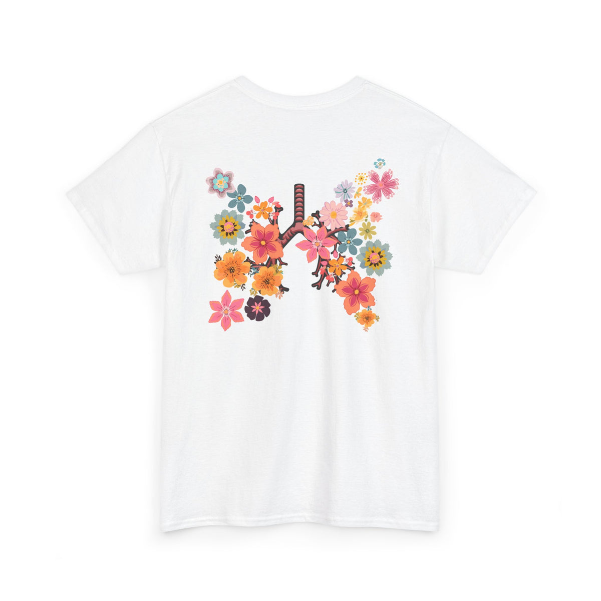 Back view of the white Breath T-shirt featuring flowers arranged around illustrated lungs and airways.