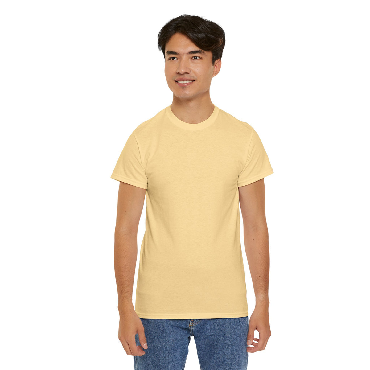 Model wearing the yellow Breath T-shirt with jeans, showing its plain front and crewneck.