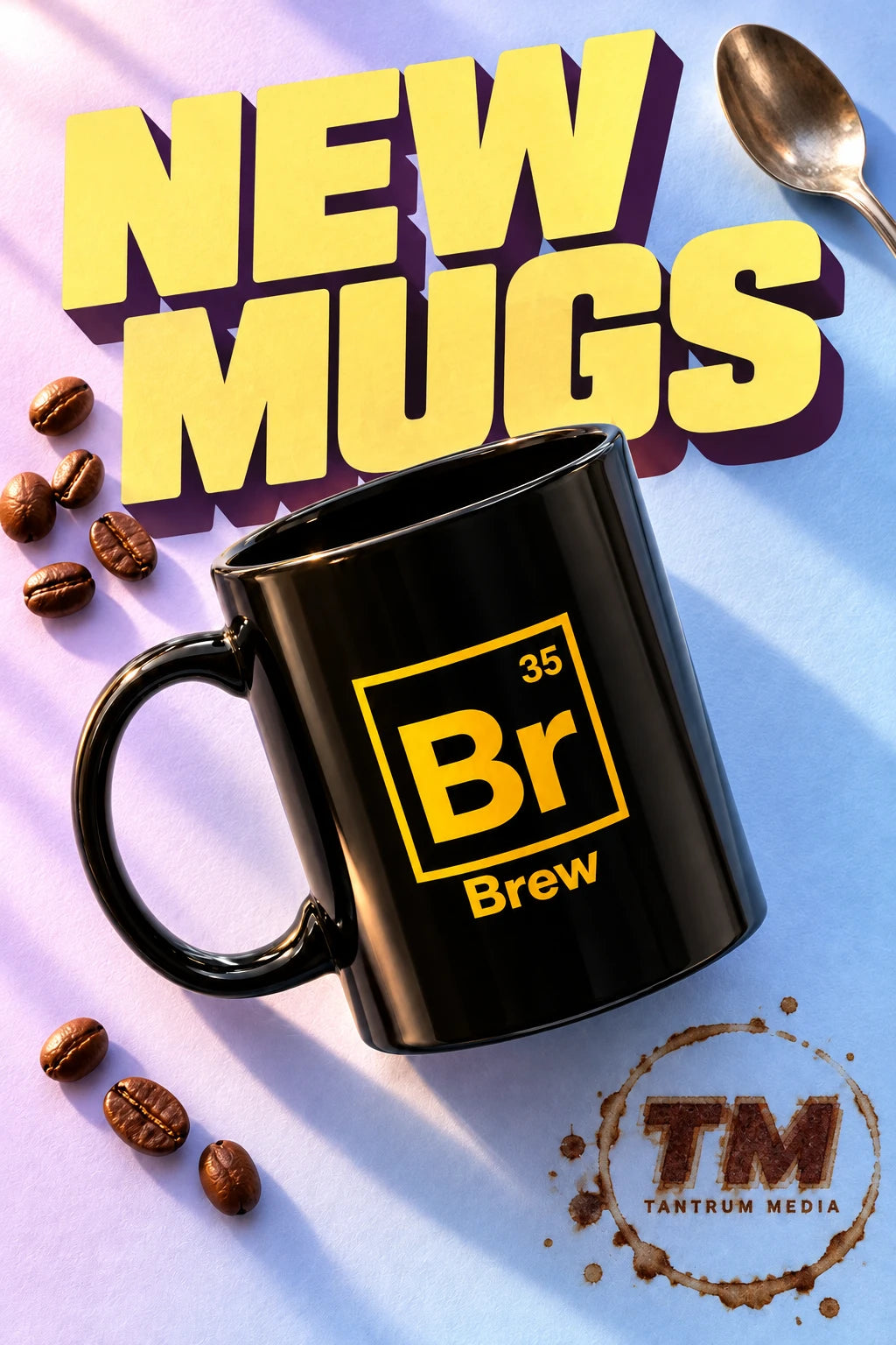 Tantrum Media Brew Chemistry Coffee Mug in black with a yellow Br design, beneath “NEW MUGS” lettering on a pastel background with coffee beans and a coffee-stain logo.
