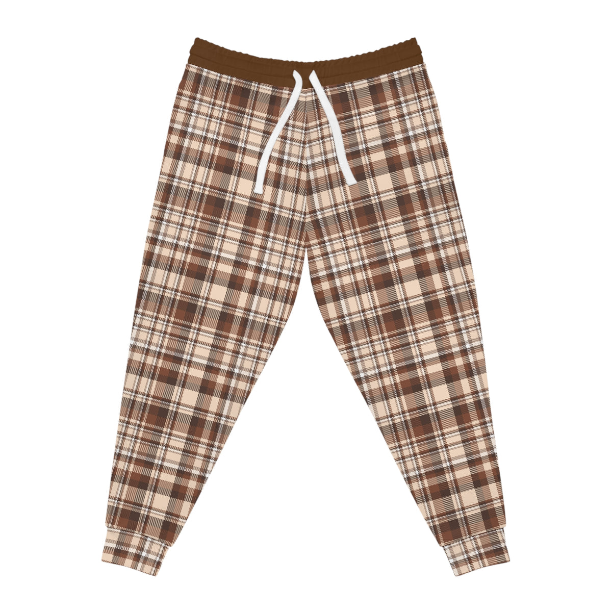 Flat lay front view of brown plaid joggers showing elastic waistband and drawstring detail