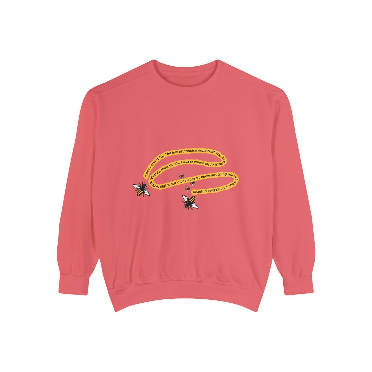 Coral bumblebee sweatshirt with yellow bee and nature-inspired graphic on the front.