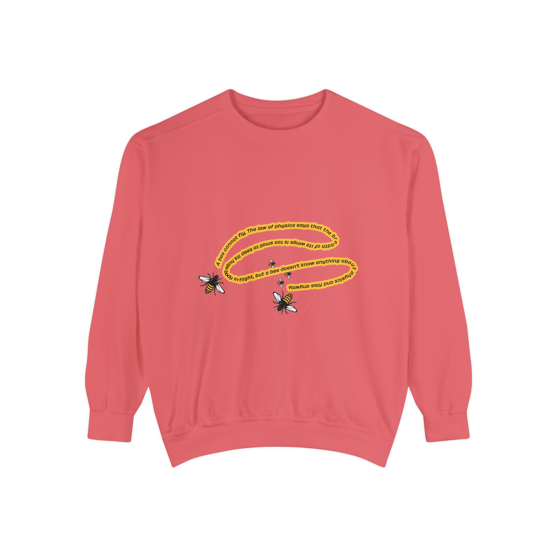 Coral bumblebee sweatshirt with yellow bee and nature-inspired graphic on the front.