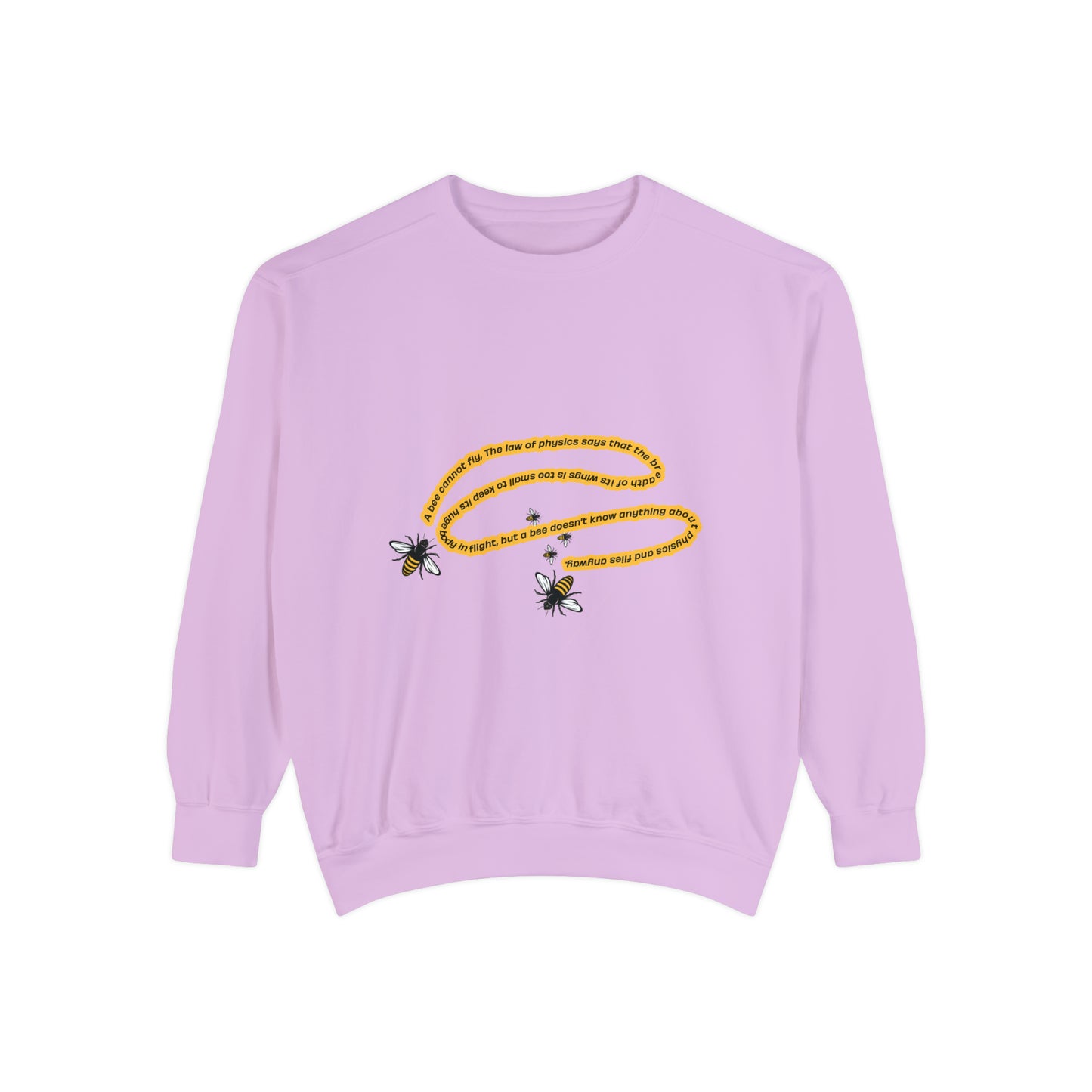 Lavender unisex bumblebee sweatshirt with yellow bee graphic on the front.