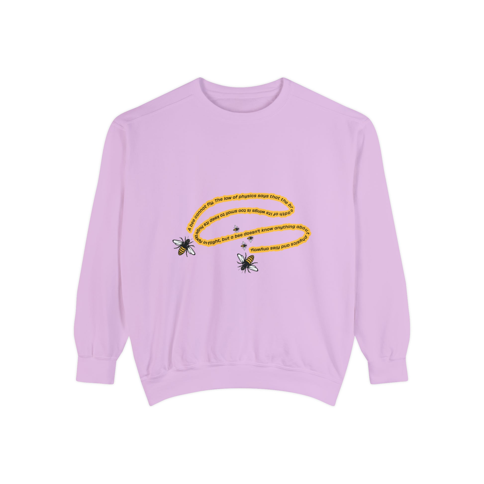 Lavender unisex bumblebee sweatshirt with yellow bee graphic on the front.