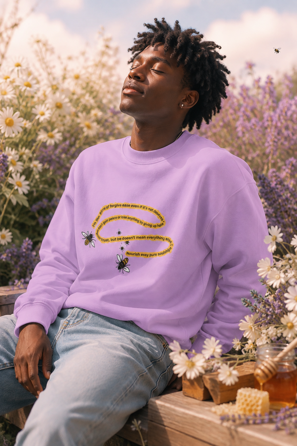 Man wearing a lavender bumblebee sweatshirt surrounded by daisies and lavender flowers.