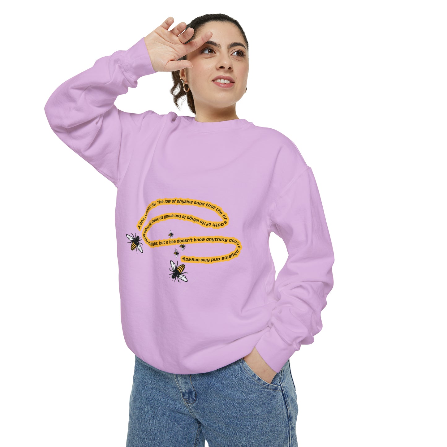 Woman modeling a lavender bumblebee graphic crewneck sweatshirt with blue jeans.