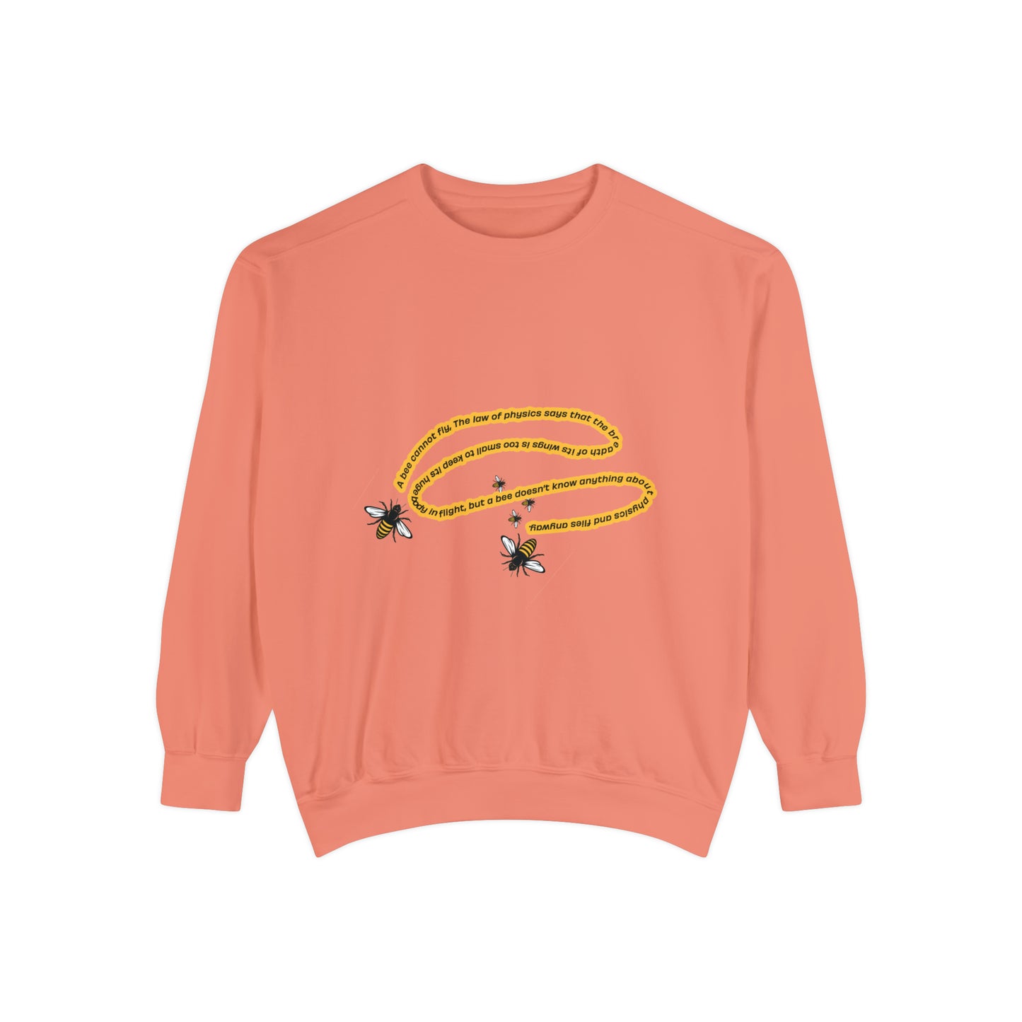Peach bumblebee sweatshirt with yellow bee graphic and unisex crewneck fit.