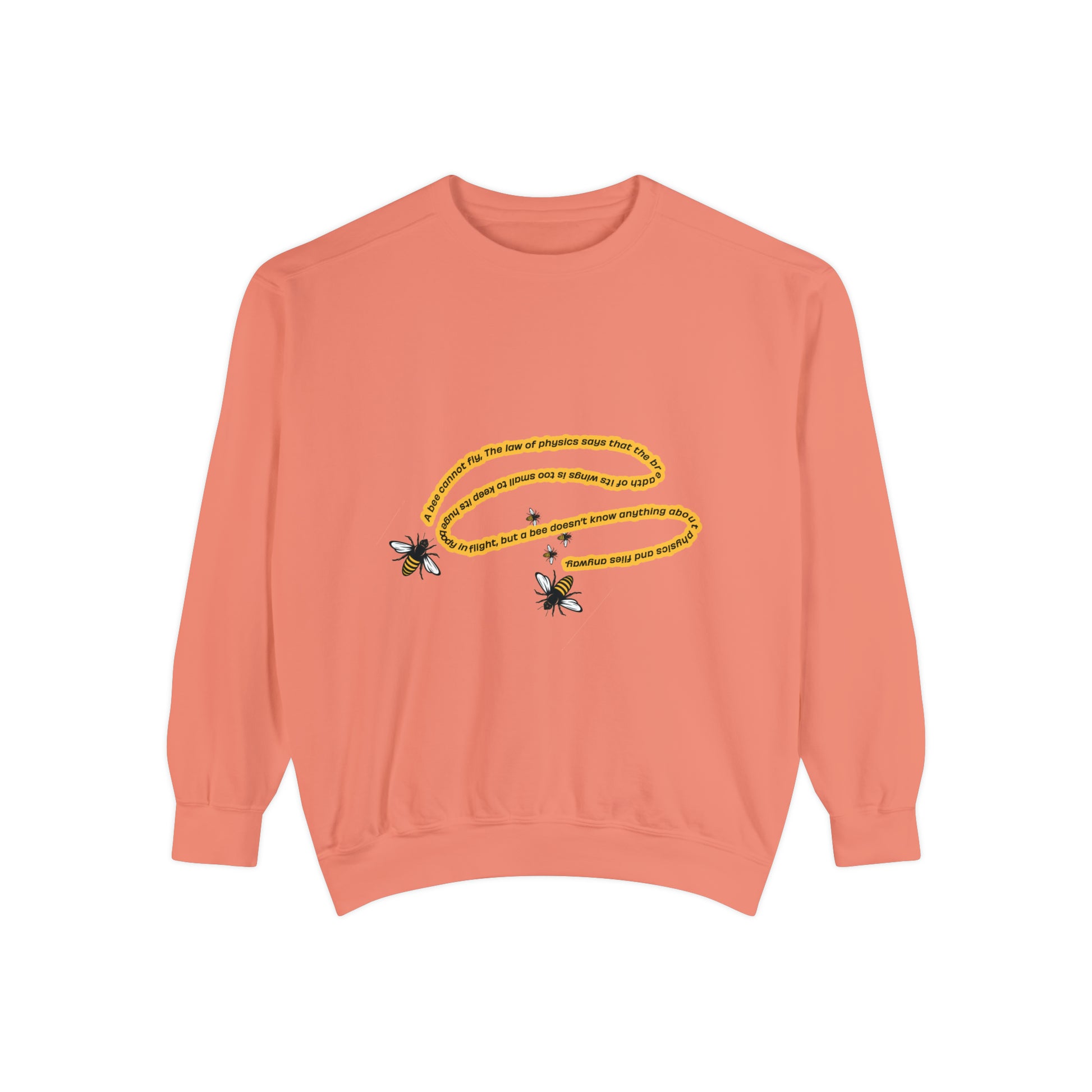 Peach bumblebee sweatshirt with yellow bee graphic and unisex crewneck fit.