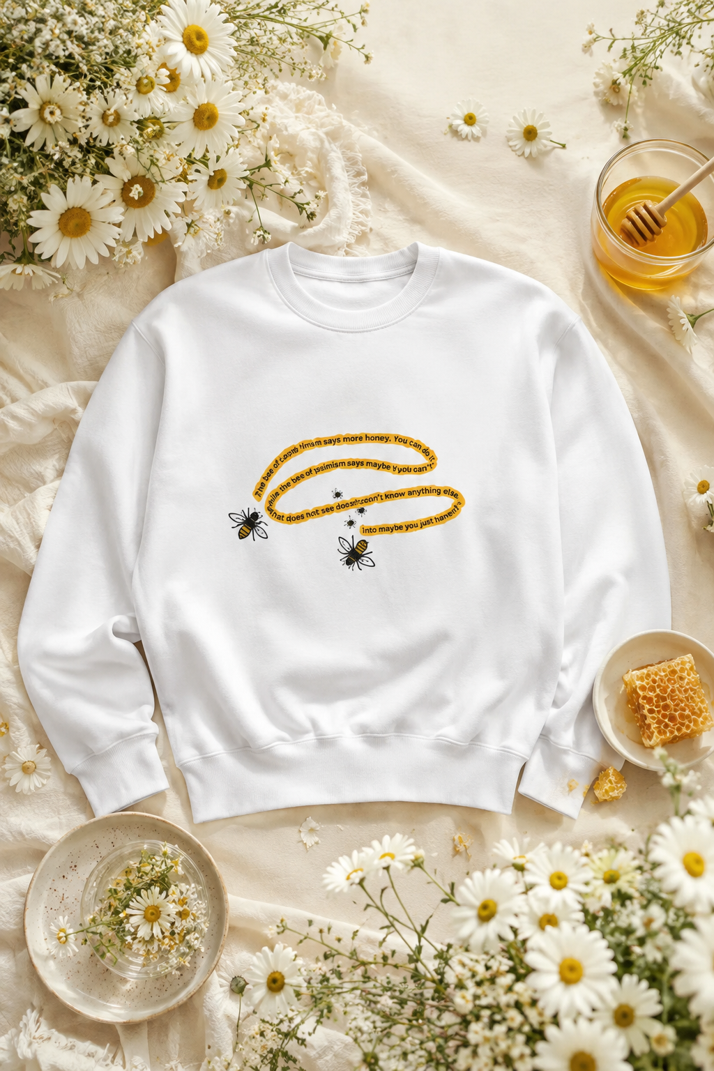White bumblebee sweatshirt with yellow bee graphic styled in a daisy and honey flat lay.