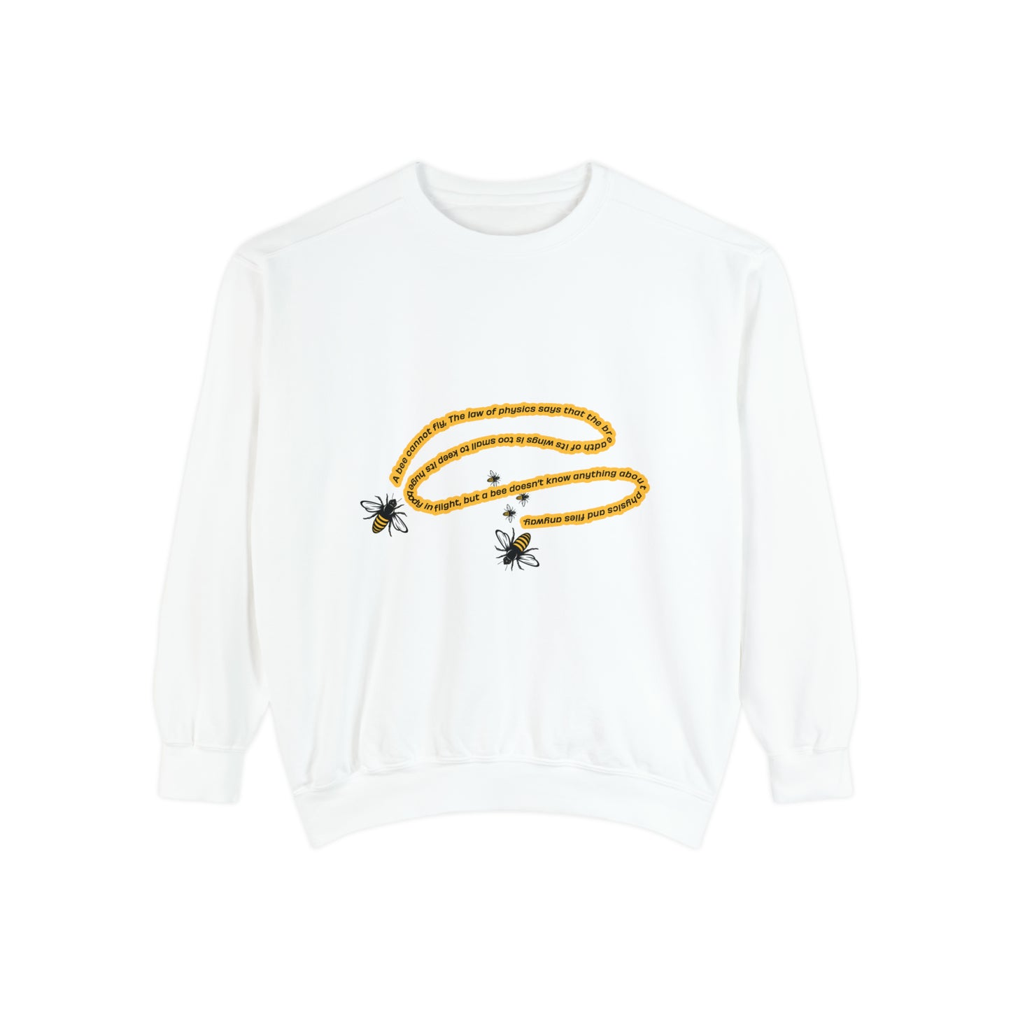White unisex bumblebee sweatshirt with yellow bee graphic on the front.