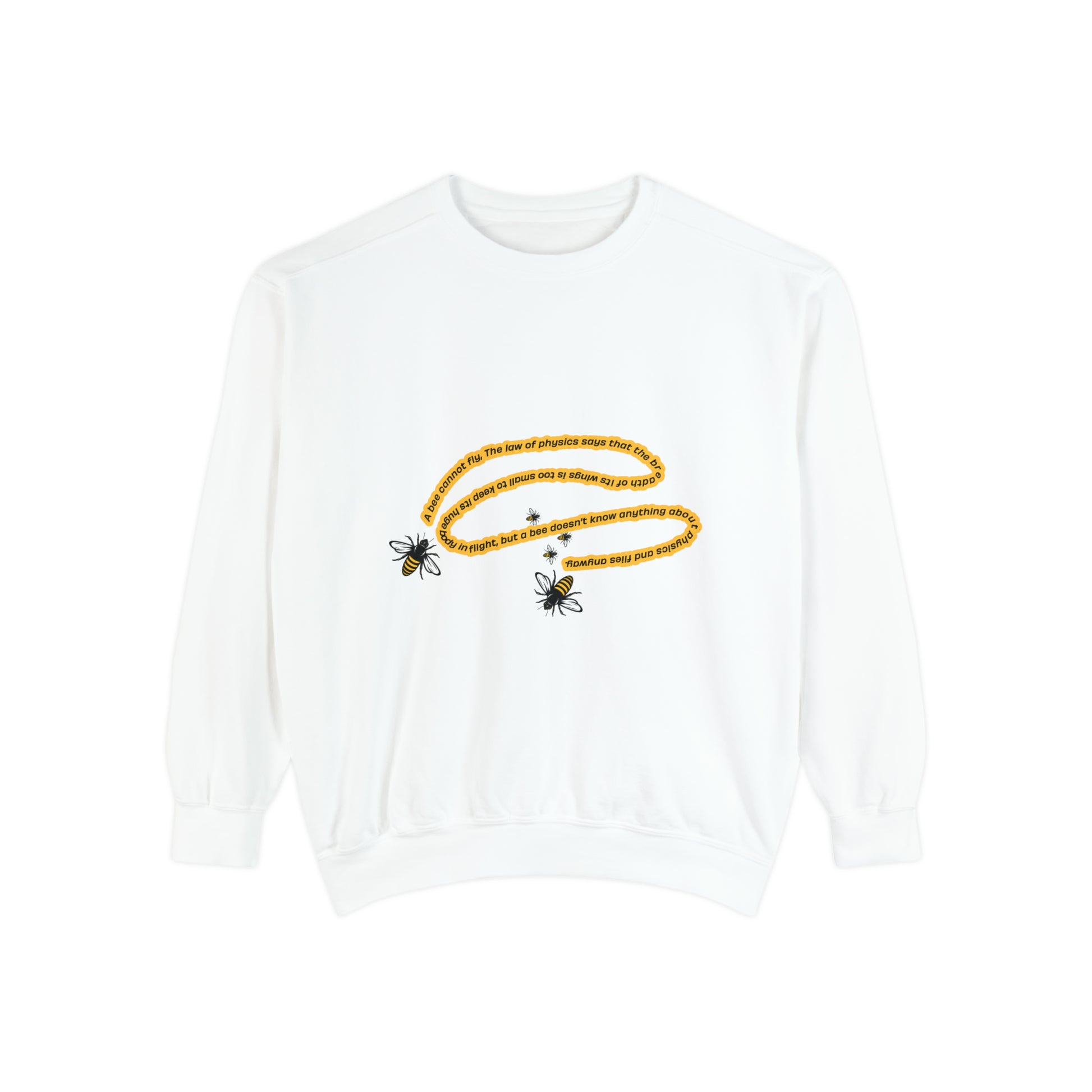 White unisex bumblebee sweatshirt with yellow bee graphic on the front.