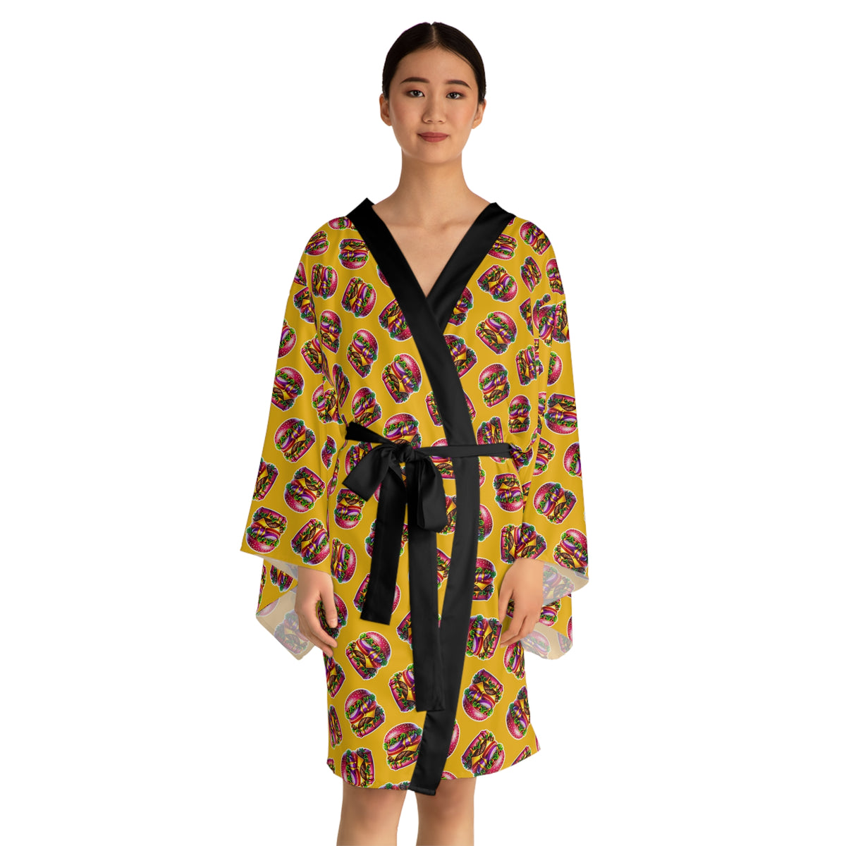 Bun & Done women’s yellow printed kimono robe with black trim and tie belt