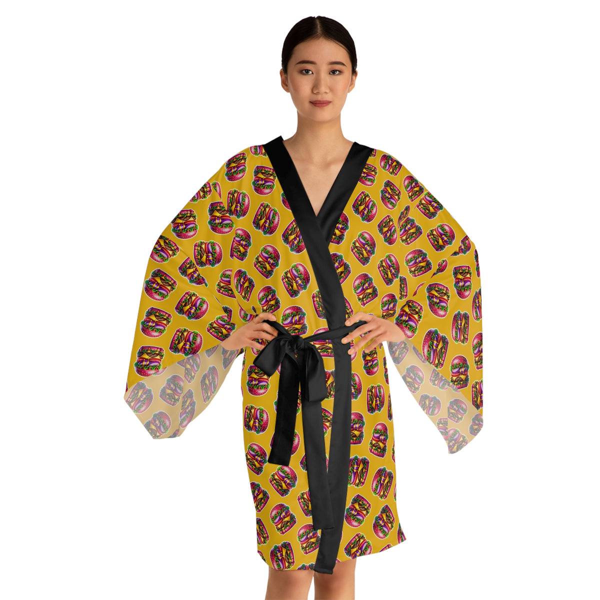 Woman modeling Bun & Done yellow kimono lounge robe from the front