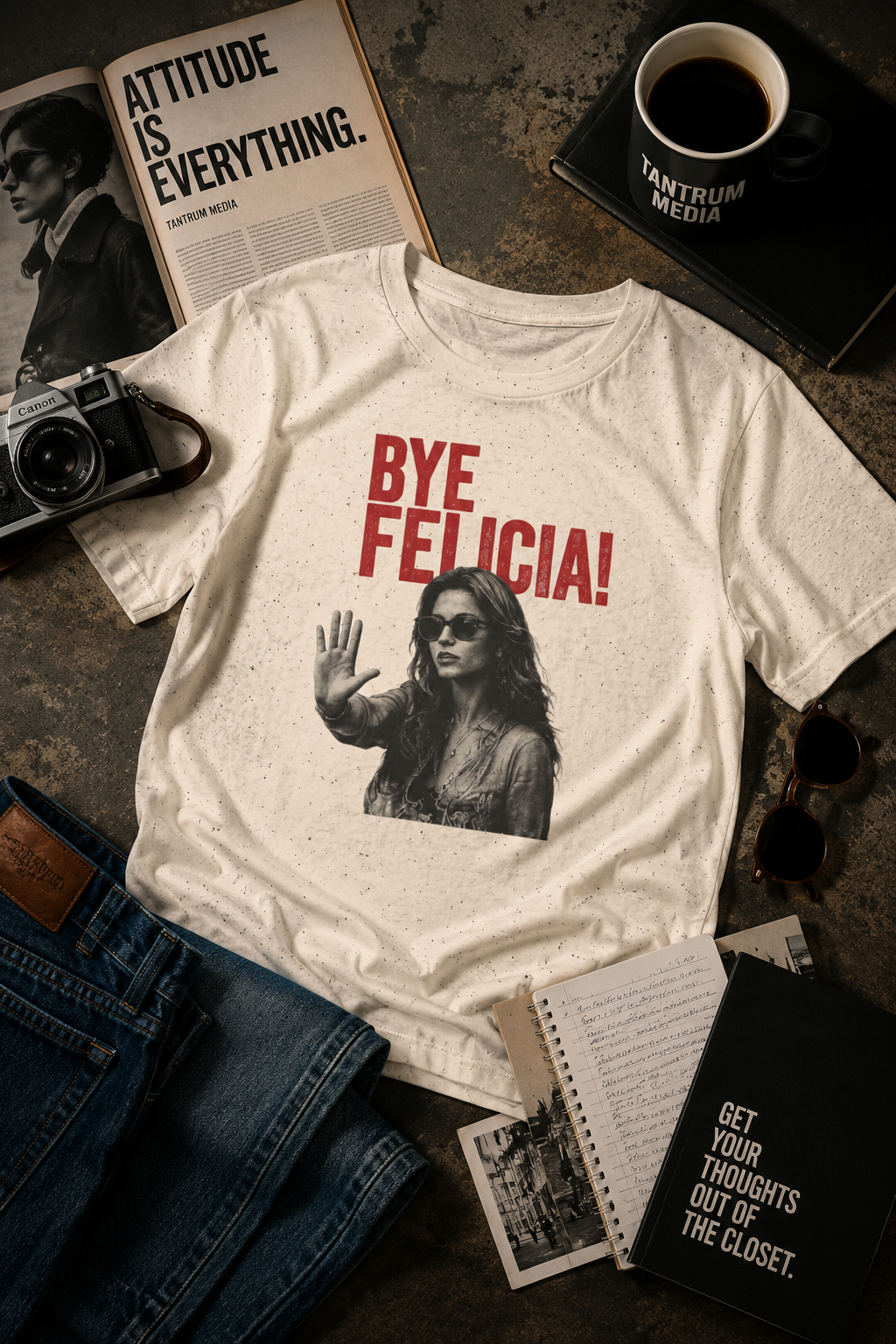 Cream Bye Felicia graphic t-shirt cinematic flat lay mockup