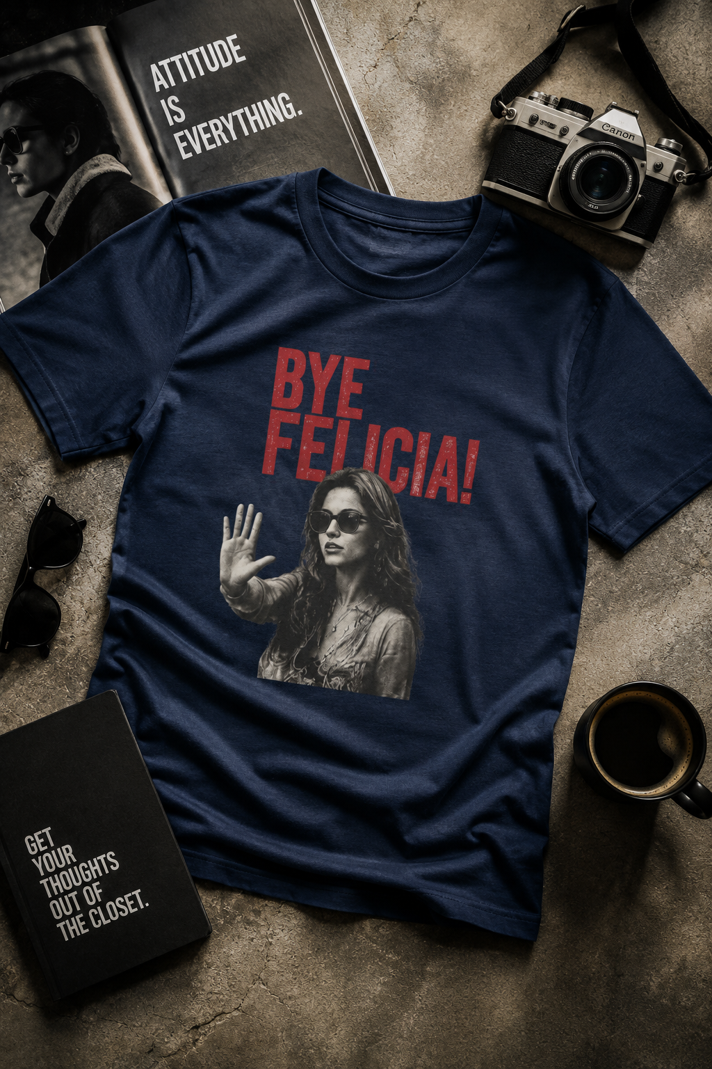 Navy Bye Felicia graphic t-shirt cinematic flat lay mockup