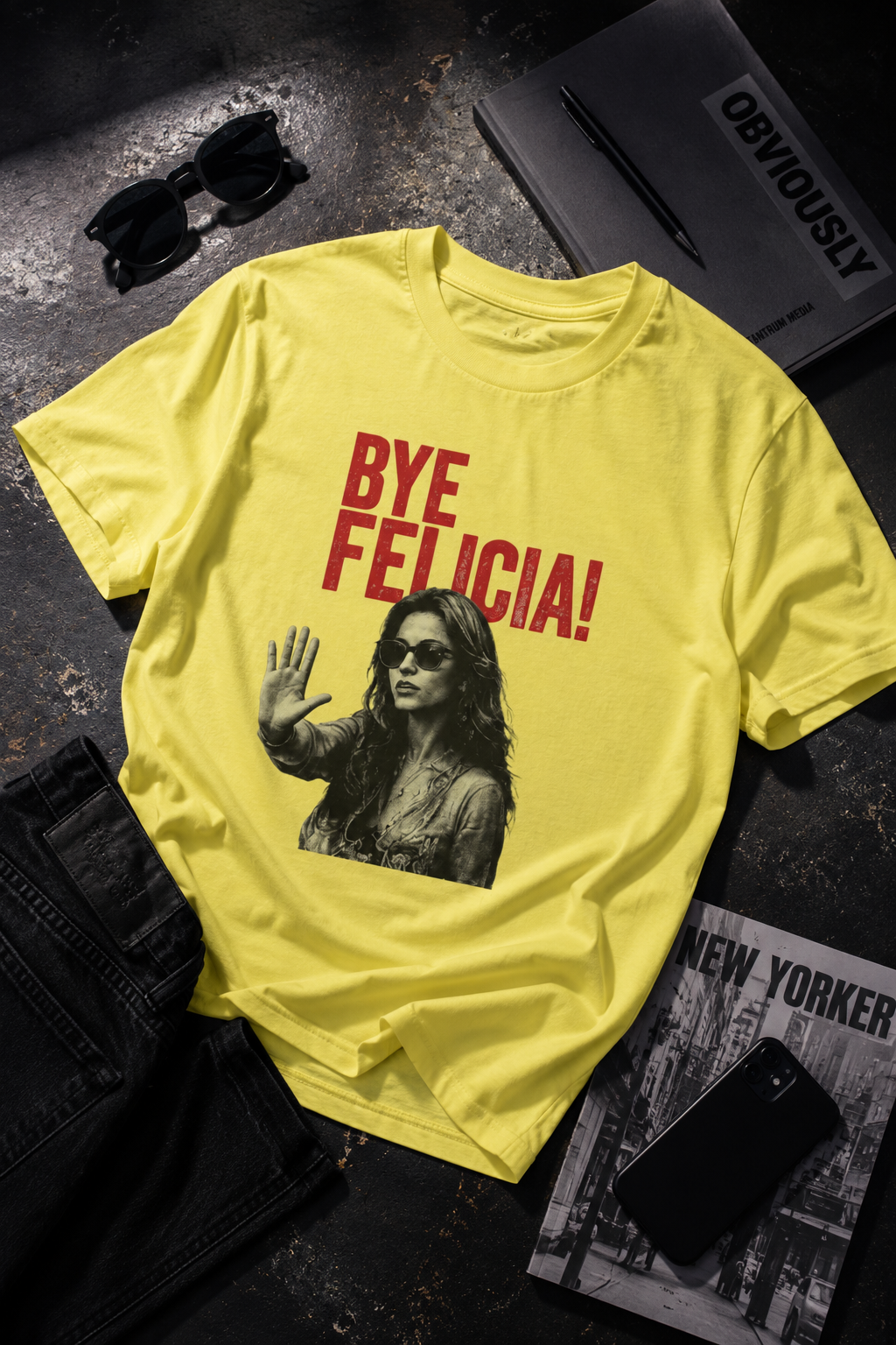 Yellow Bye Felicia graphic t-shirt editorial flat lay mockup