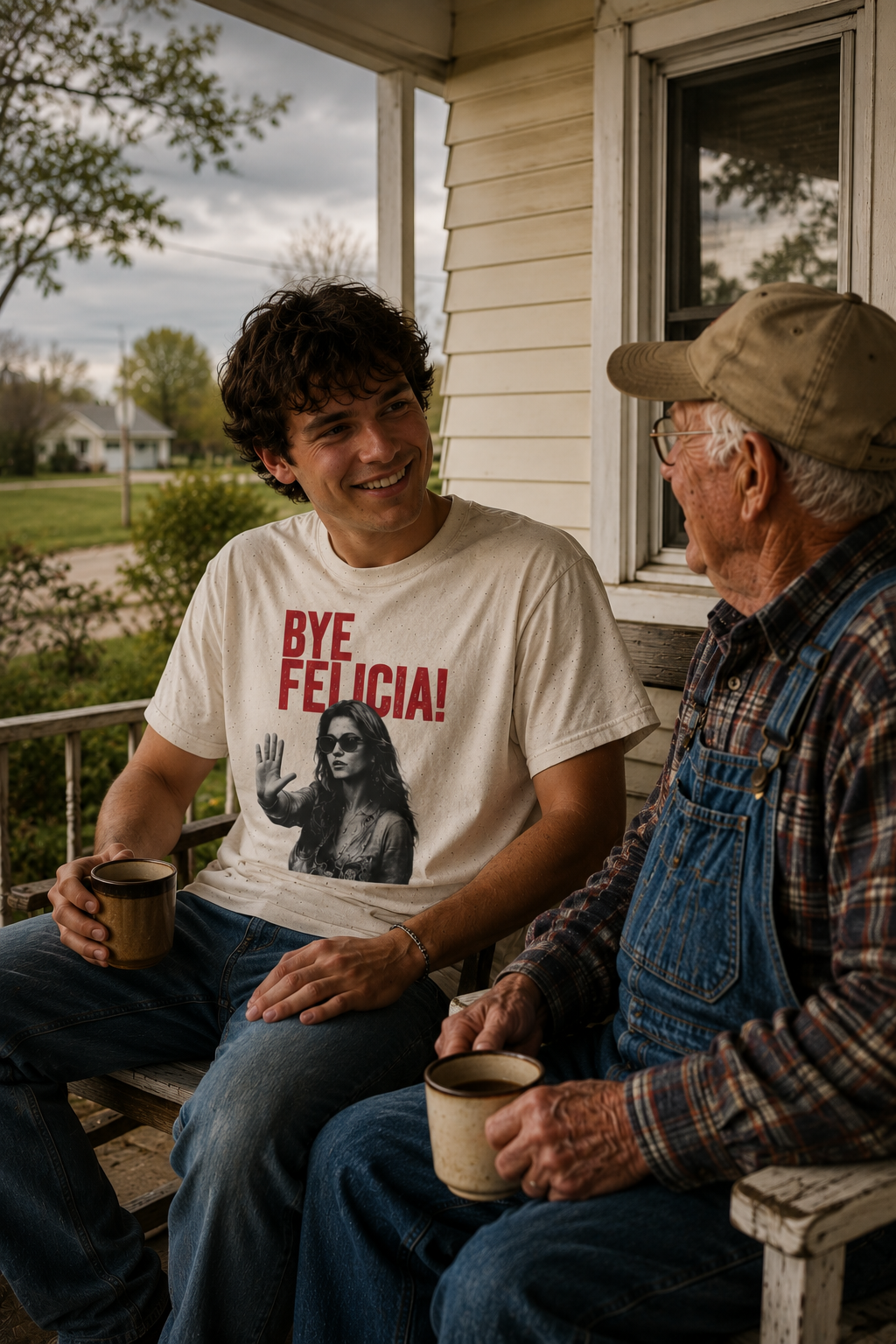 Male Gen Z wearing Bye Felicia graphic t-shirt on Nebraska porch lifestyle mockup