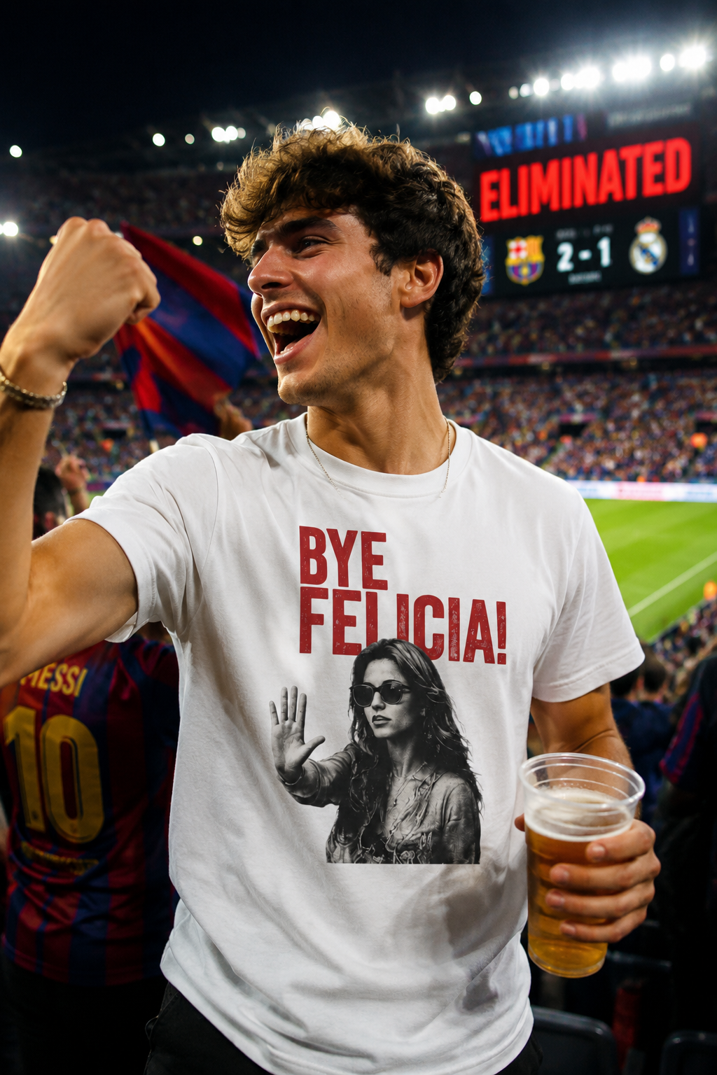 Male Gen Z wearing Bye Felicia graphic t-shirt in soccer stadium celebration mockup