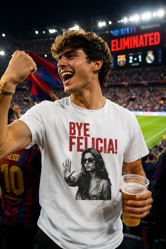 Male Gen Z wearing Bye Felicia graphic t-shirt in soccer stadium celebration mockup
