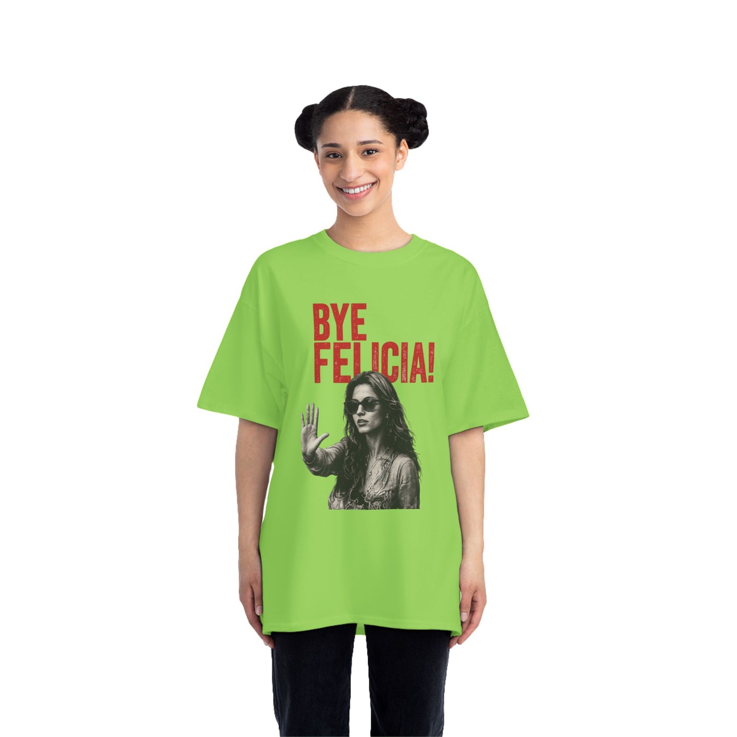 Female model wearing lime green Bye Felicia graphic t-shirt