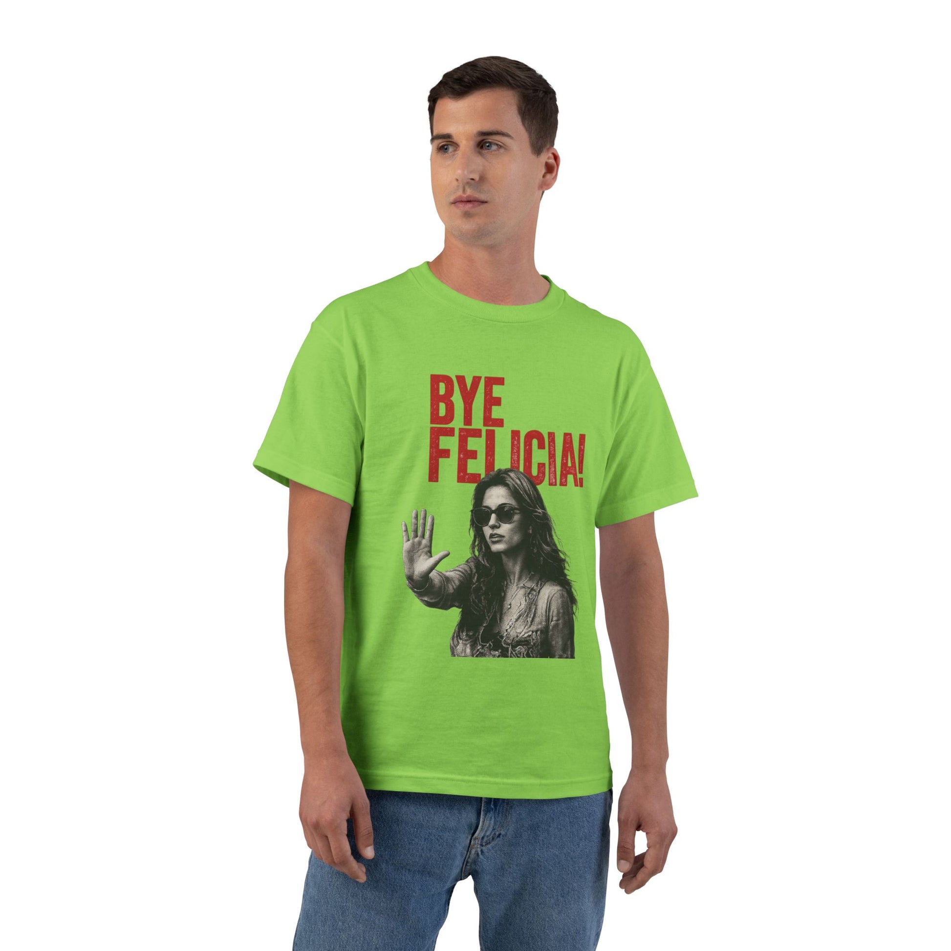 Male model wearing lime green Bye Felicia graphic t-shirt