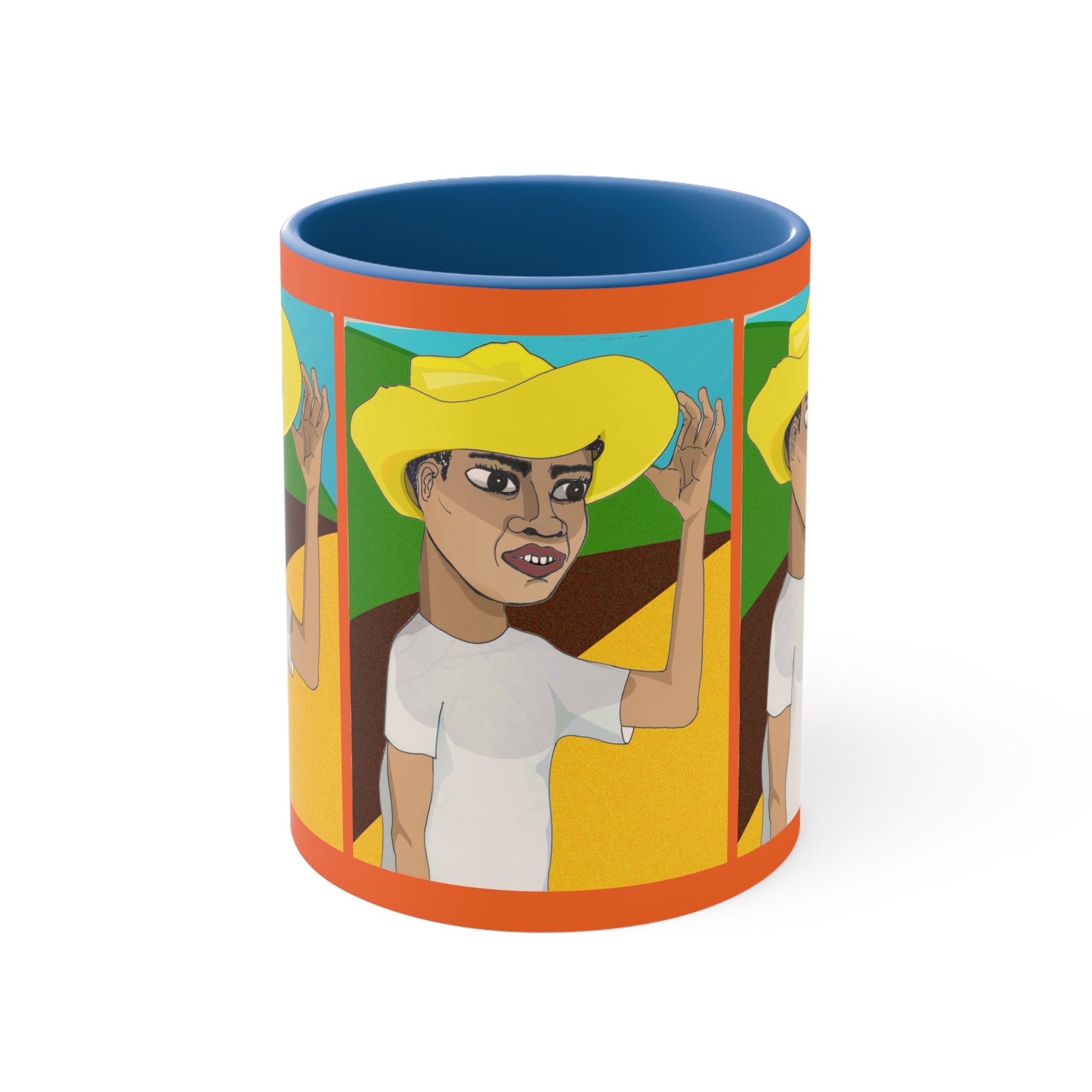 Angled product view of Cafetero Coffee Mug with vibrant illustrated artwork and blue accent handle.