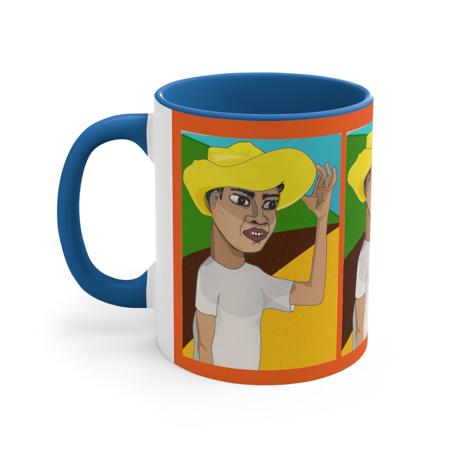 Front view of Cafetero Coffee Mug featuring colorful original artwork, blue interior, and blue handle.
