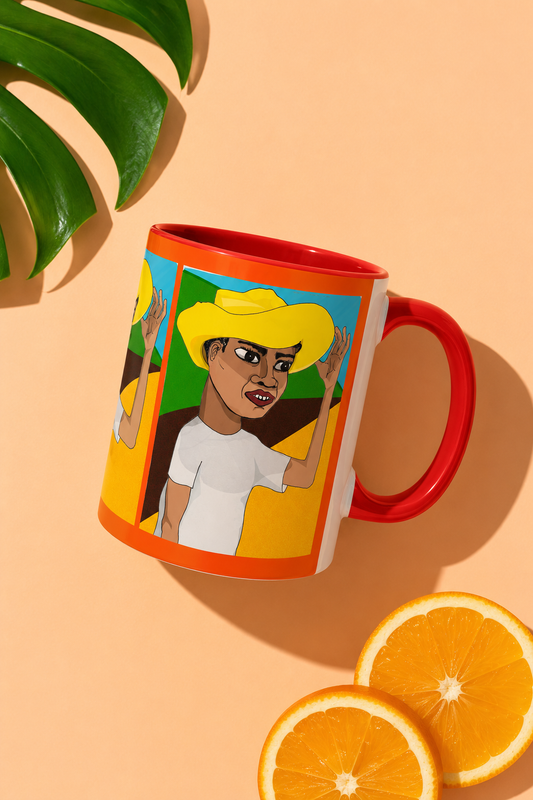 Cafetero Coffee Mug with colorful illustrated artwork, red handle, and red interior displayed on a peach background with oranges and tropical leaves.