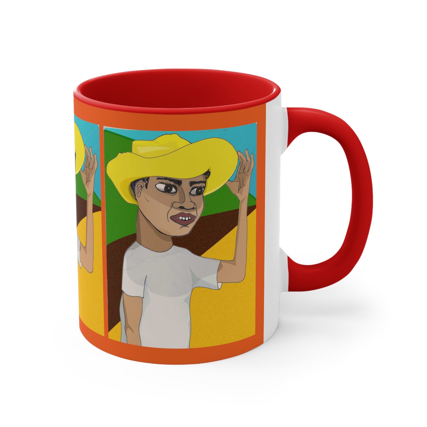 Angled product image of Cafetero Coffee Mug featuring colorful illustrated artwork and red accent handle.