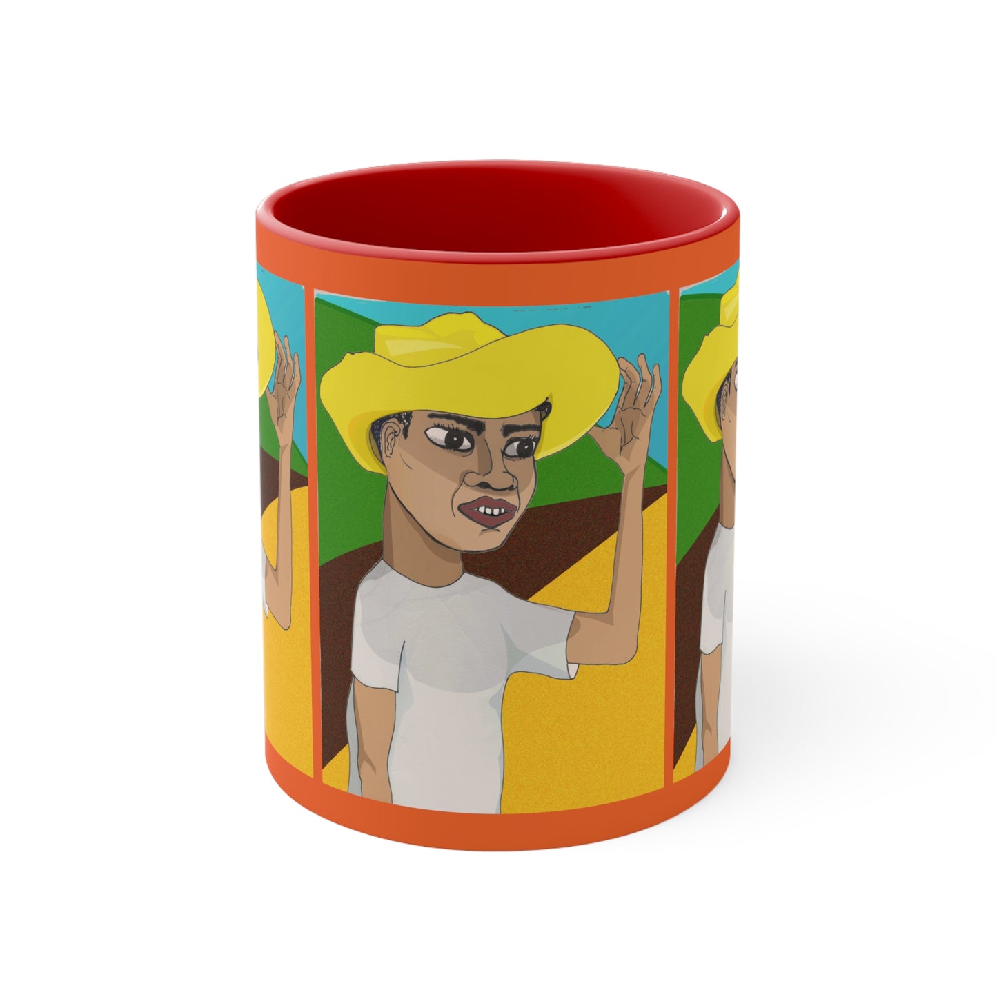 Front product view of Cafetero Coffee Mug with colorful original artwork, red handle, and red interior.