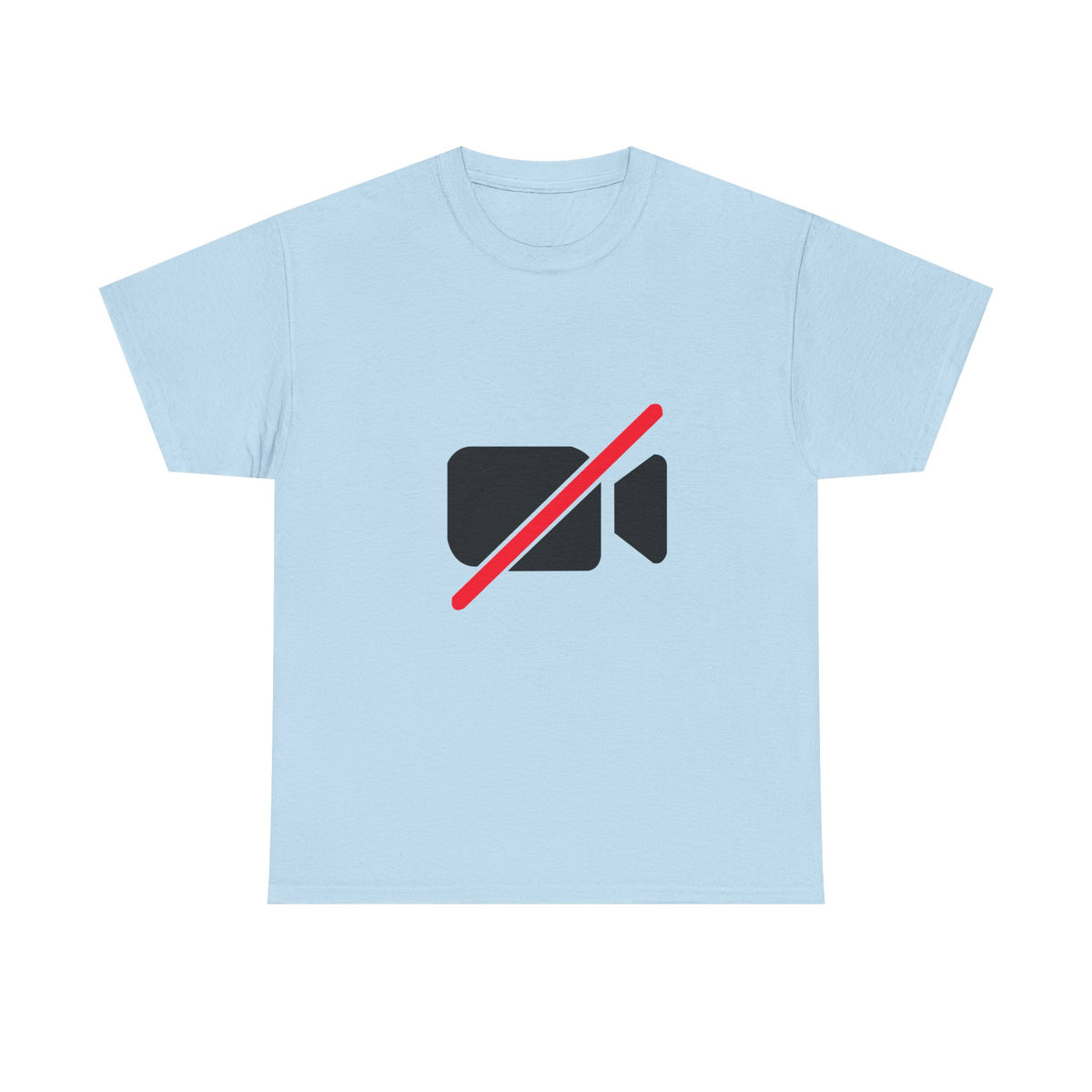 Front view of a light blue T-shirt featuring a black video camera icon crossed out in red.