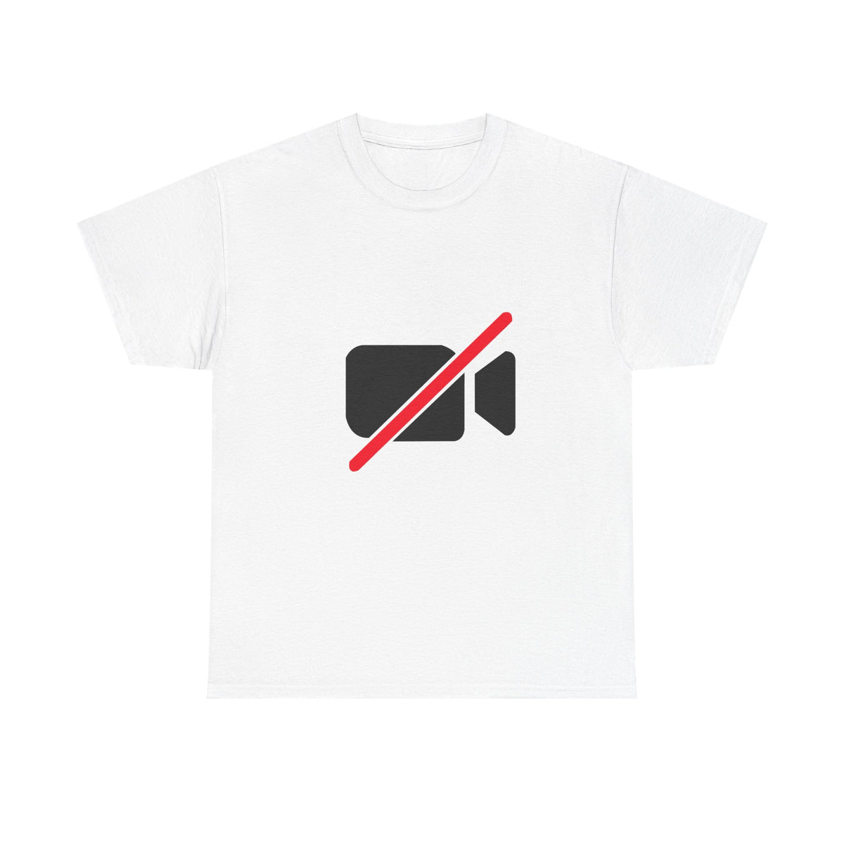 Front view of a white crewneck T-shirt with a black video camera icon and red diagonal slash.