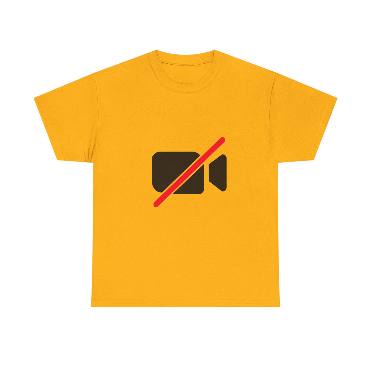 Camera Off unisex T-shirt funny remote work graphic tee with minimalist camera off icon design on yellow shirt
