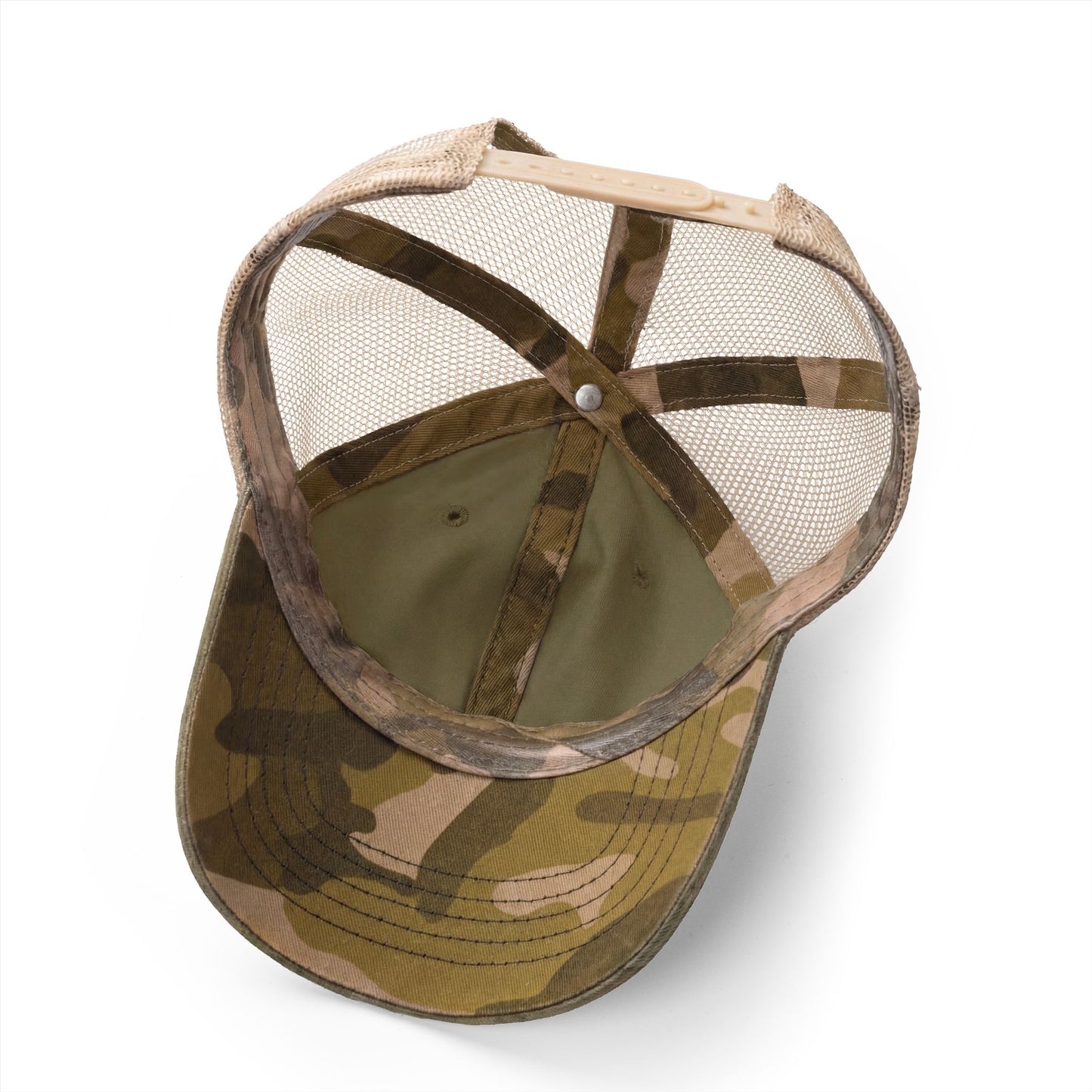 Underside of camouflage mesh trucker hat.