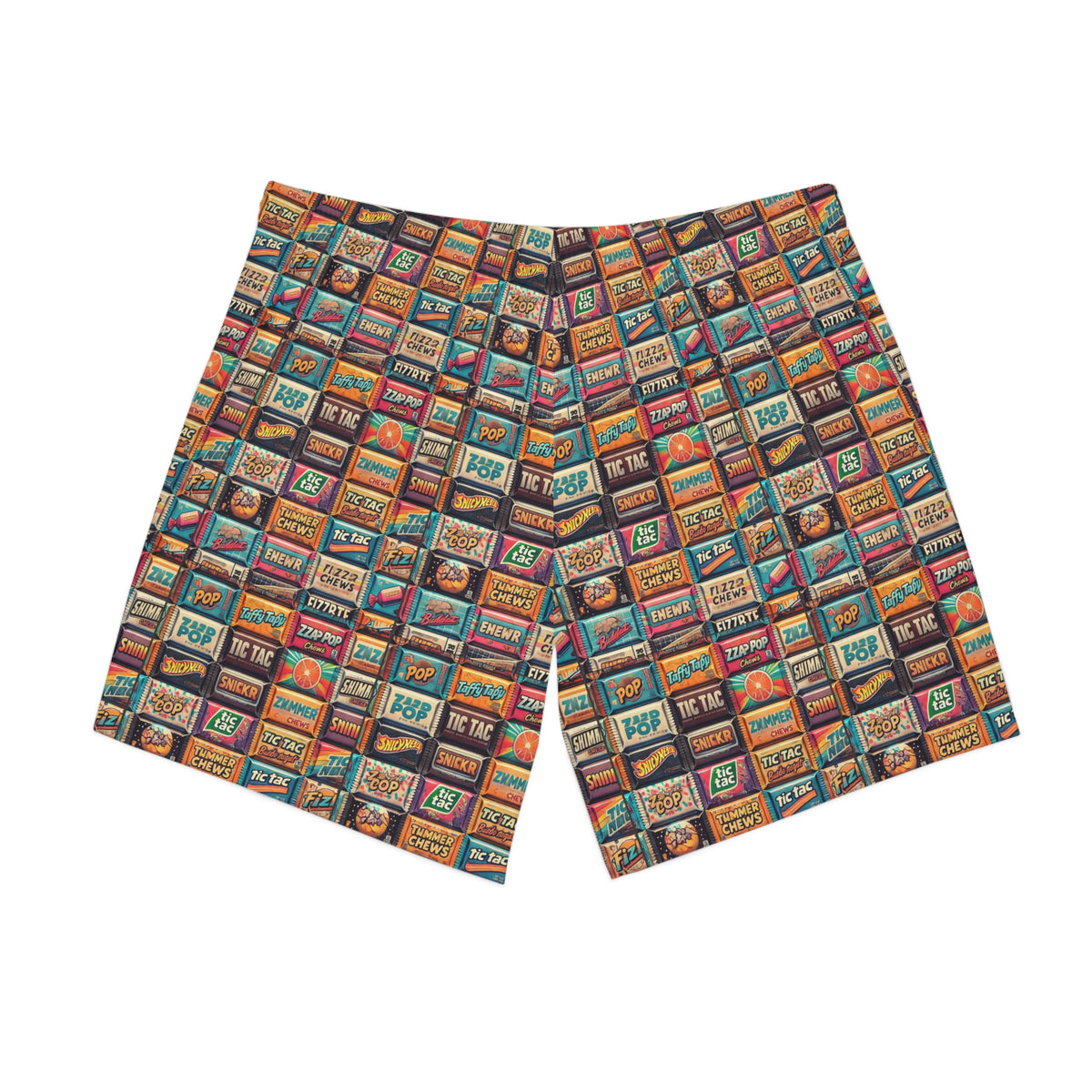 colorful candy wrapper print swim trunks back flat lay retro pattern