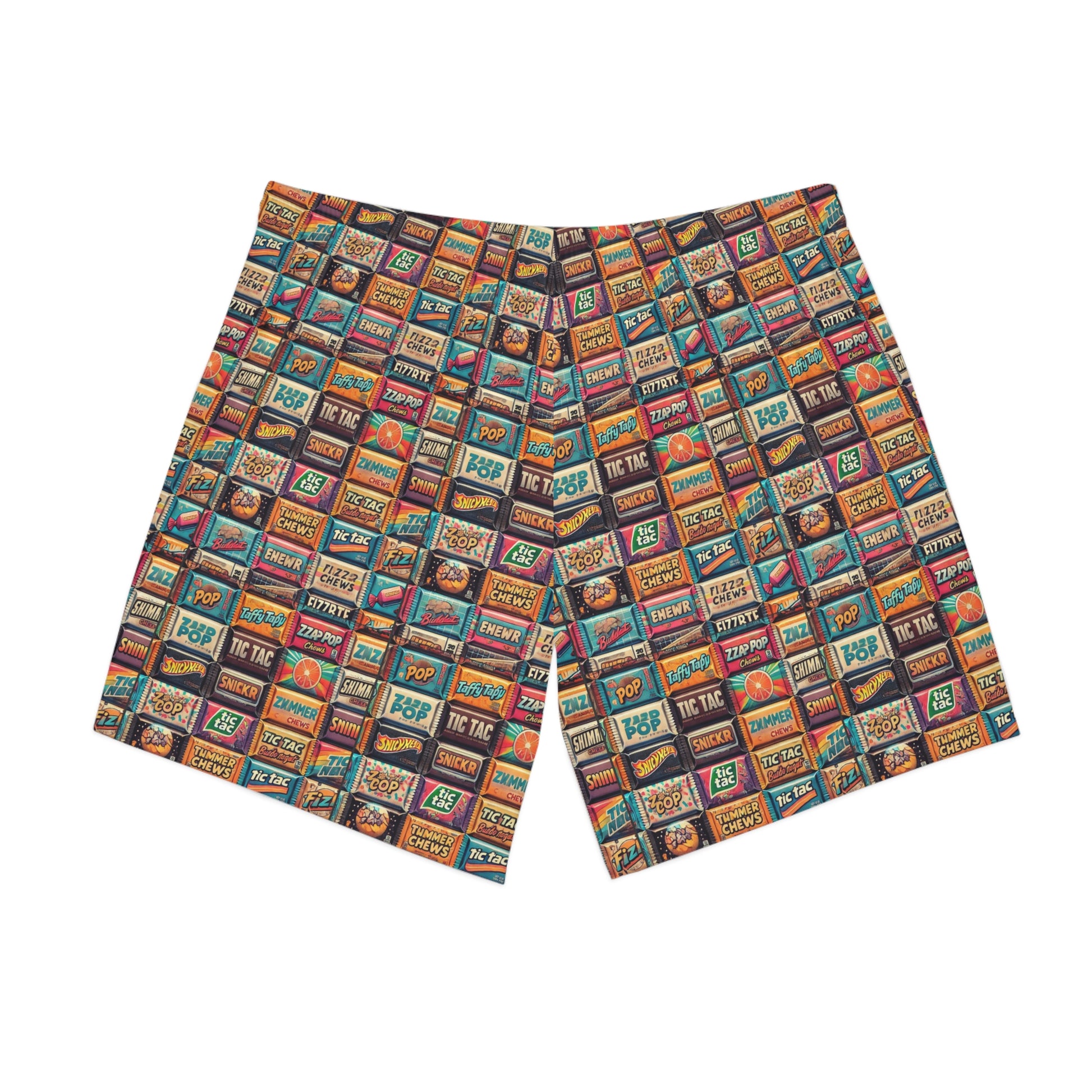 colorful candy wrapper print swim trunks back flat lay retro pattern