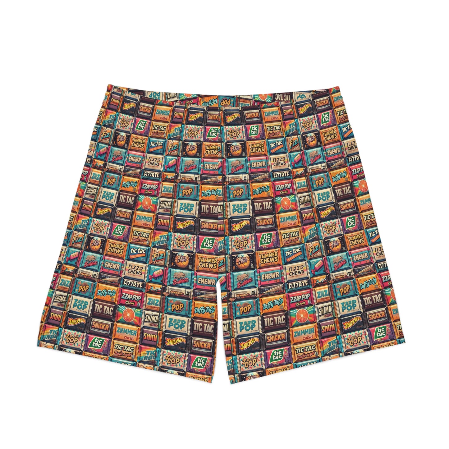 colorful candy wrapper print swim trunks front flat lay retro pattern
