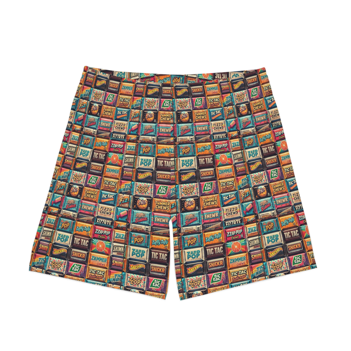 colorful candy wrapper print swim trunks front flat lay retro pattern

