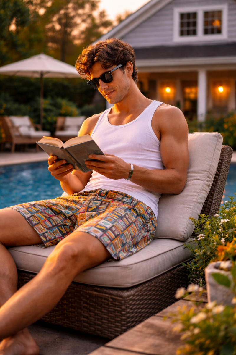 male model wearing colorful candy wrapper swim trunks front view summer beachwear