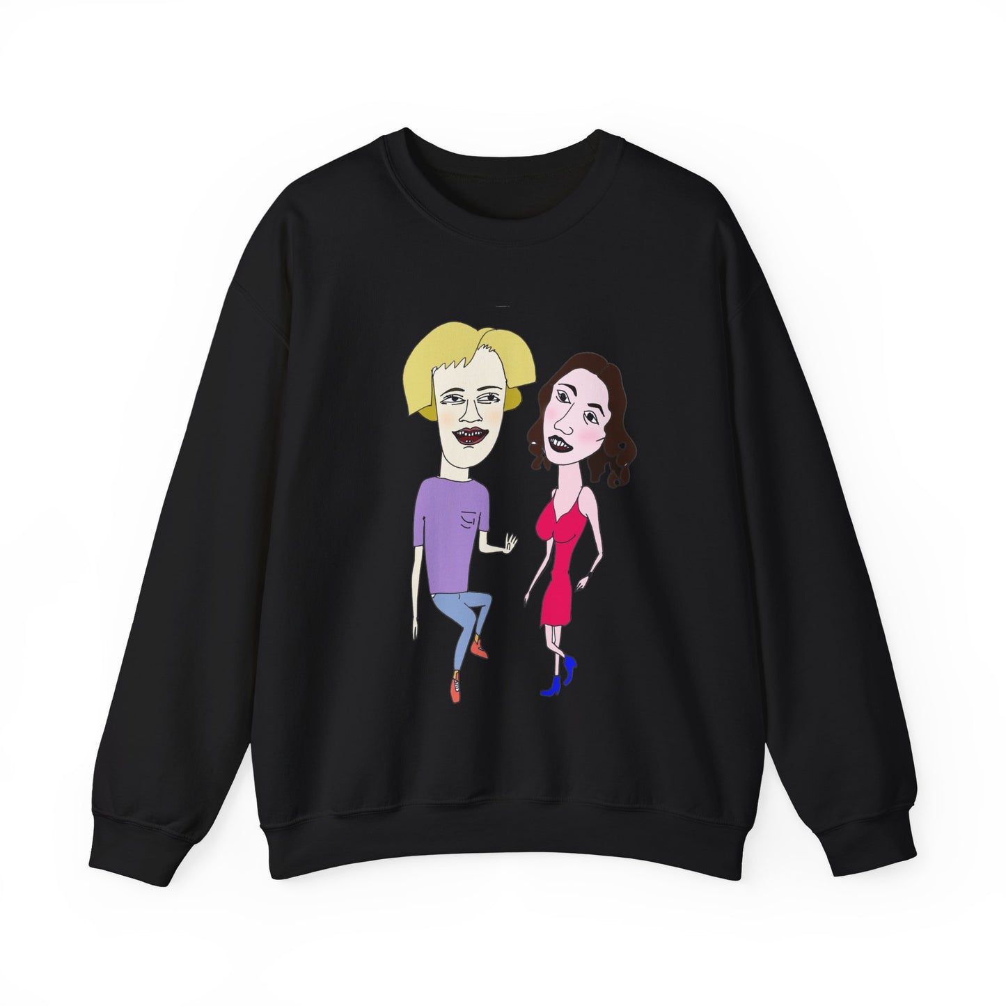 Black crewneck sweatshirt with colorful cartoon couple artwork on the front