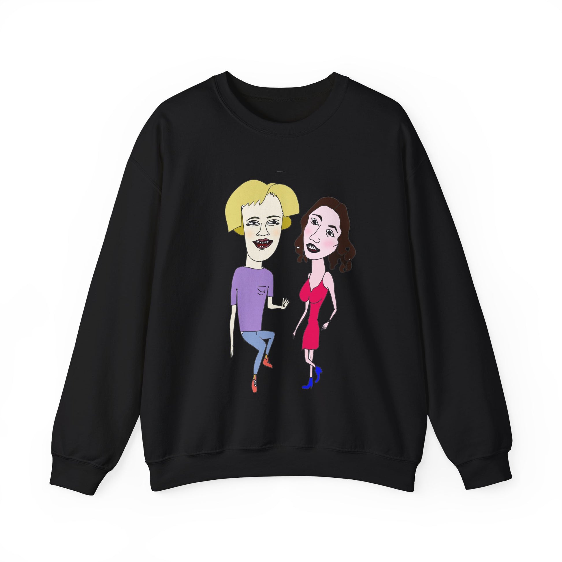 Black crewneck sweatshirt with colorful cartoon couple artwork on the front