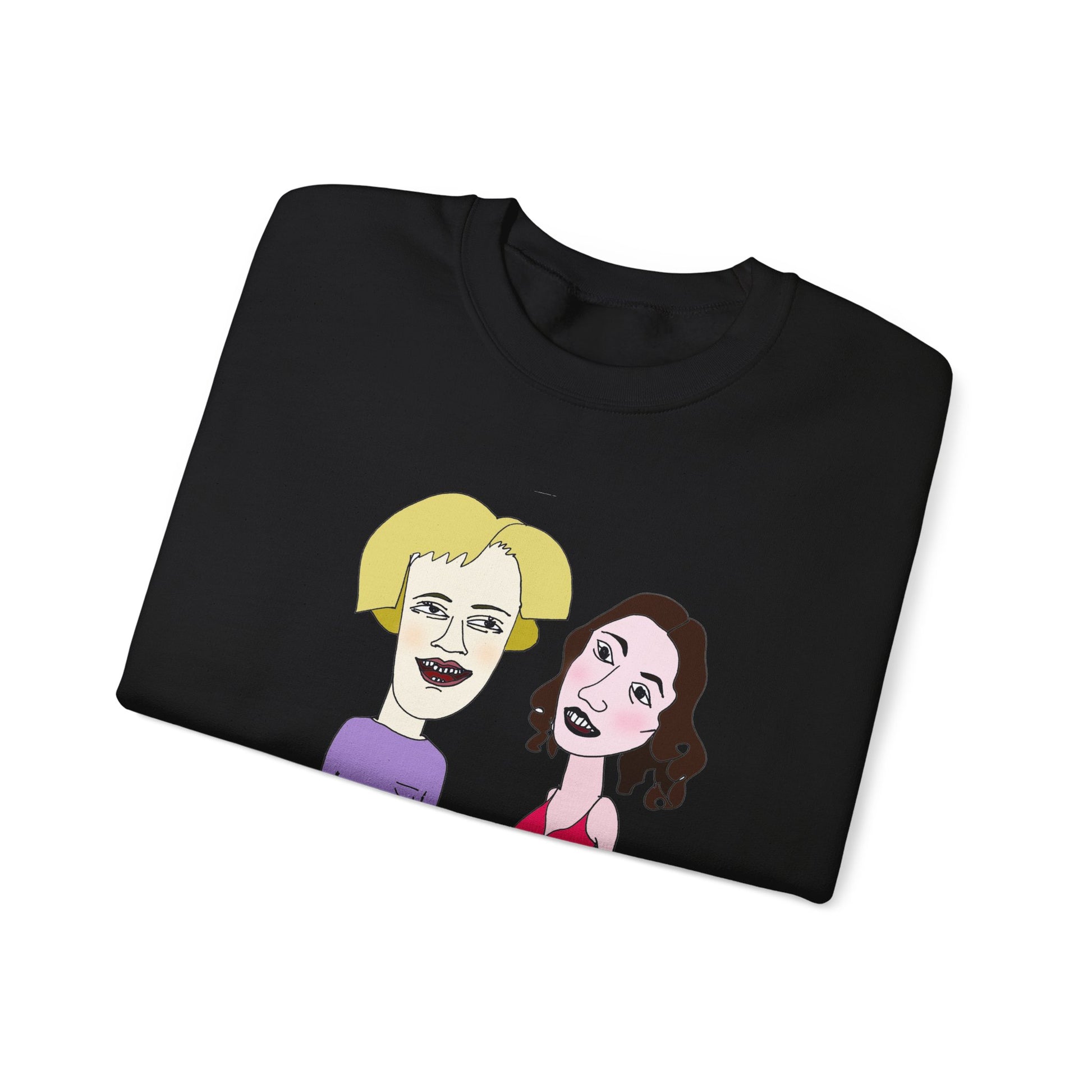Close-up flat lay of black cartoon couple graphic sweatshirt showing the illustrated front artwork