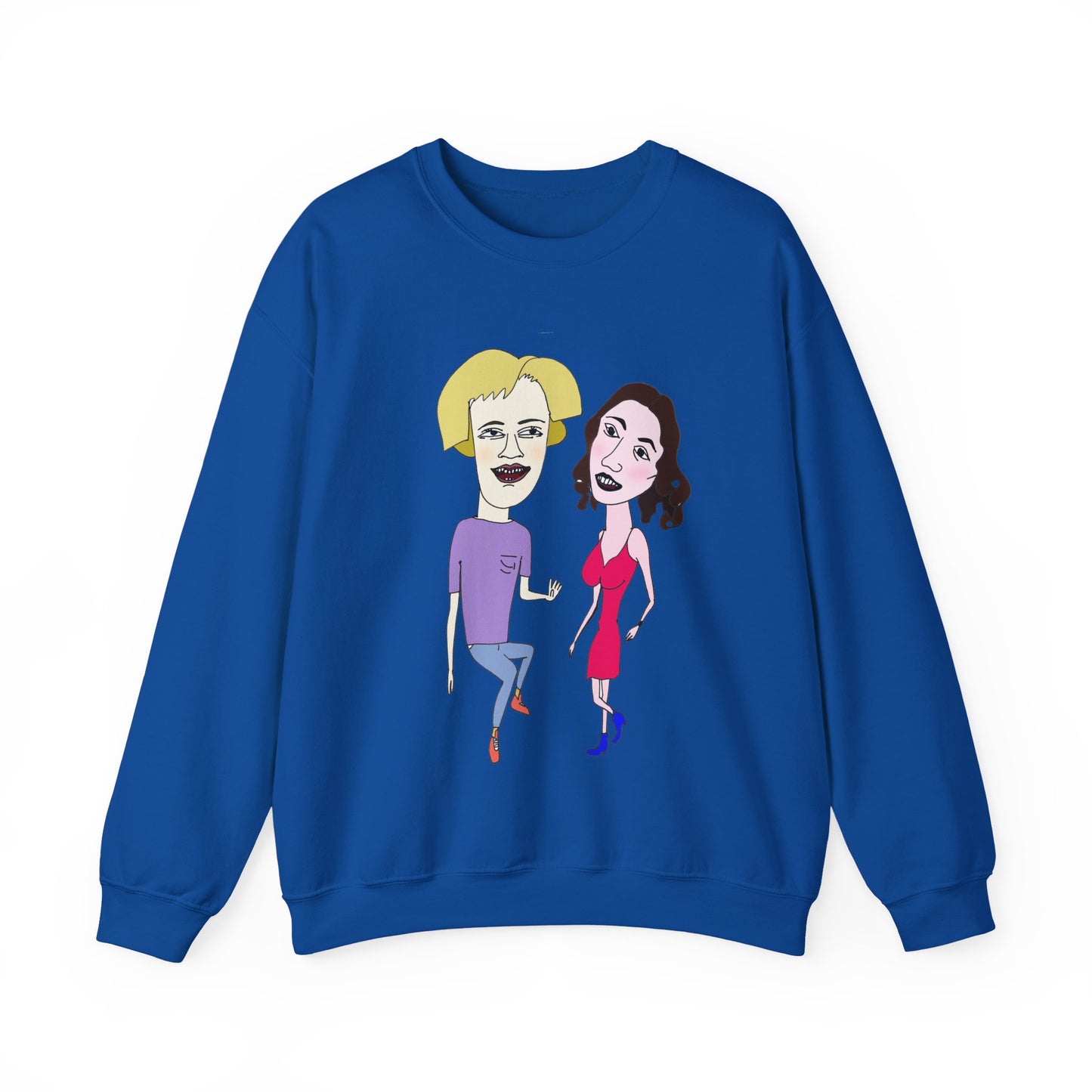Blue crewneck sweatshirt with colorful cartoon couple artwork on the front